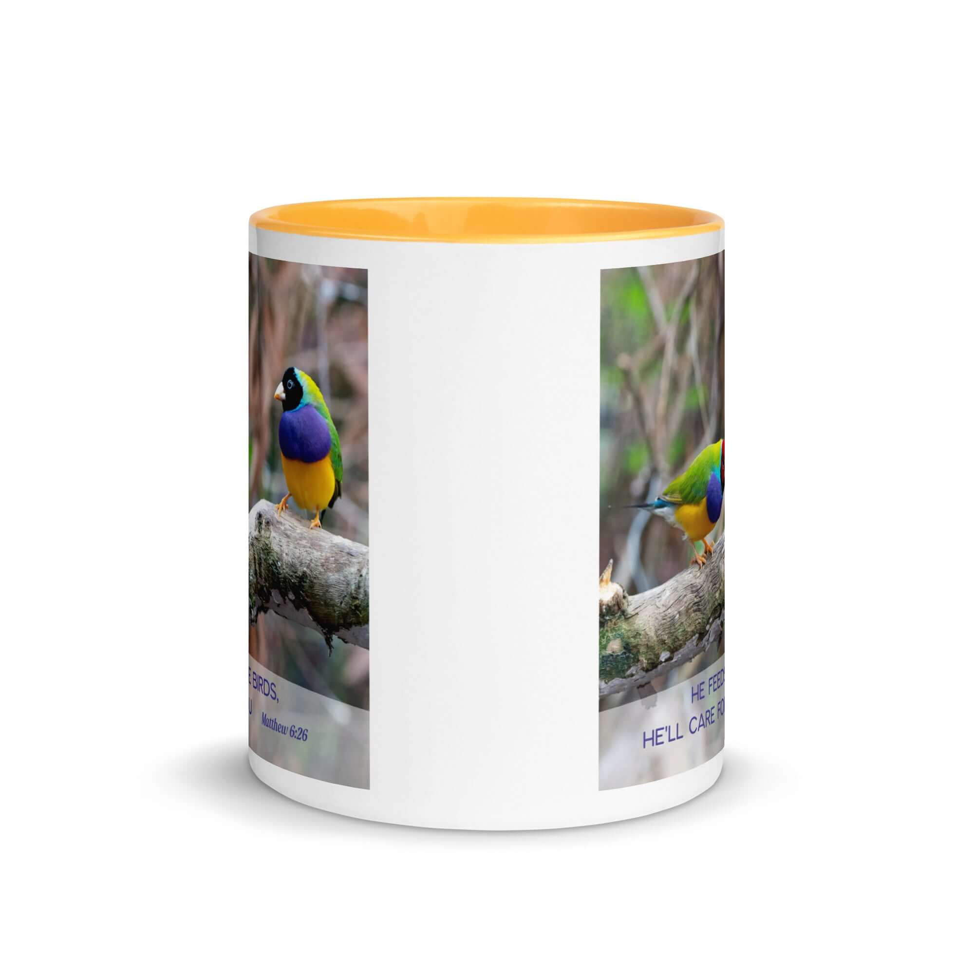 Matthew 6:26 Gouldian Finches, He'll Care for You White Ceramic Mug with Color Inside