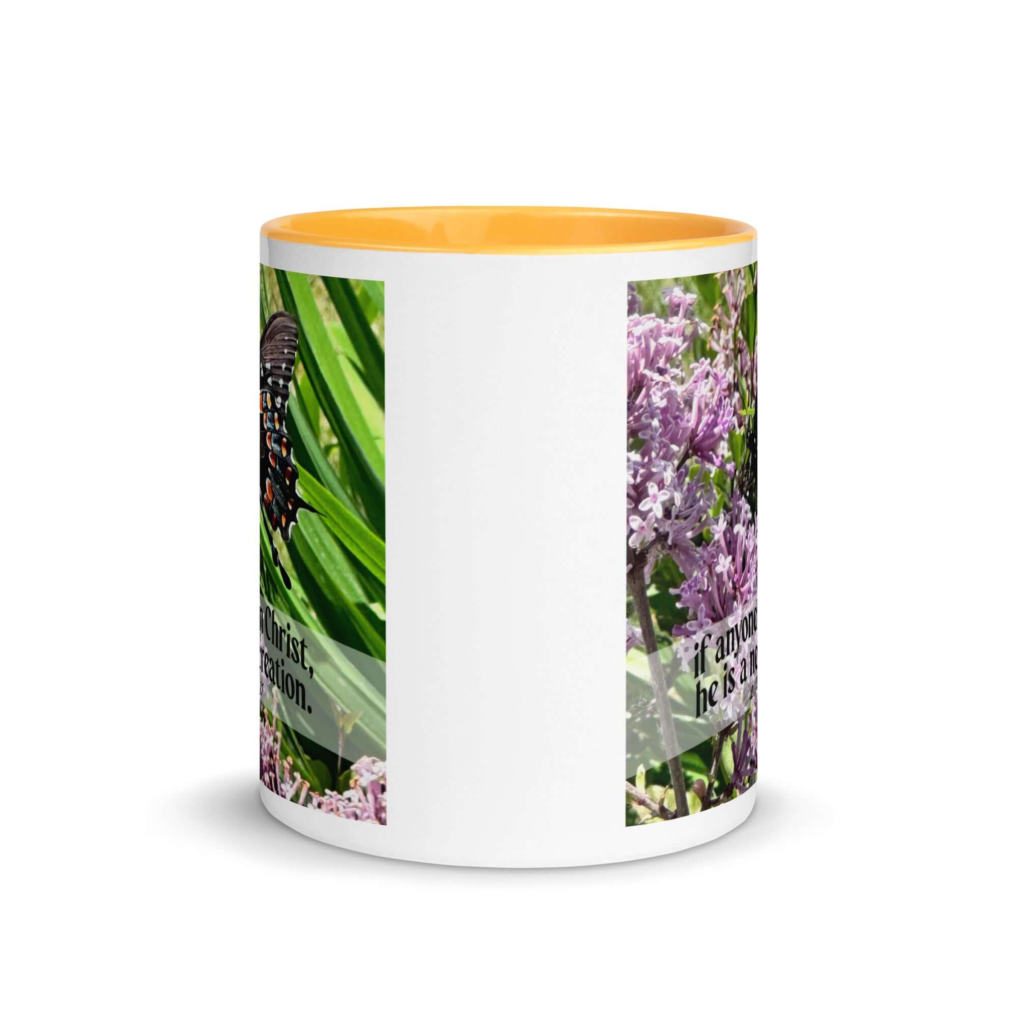 2 Corinthians 5:17 Bible Verse, Butterfly White Ceramic Mug with Color Inside