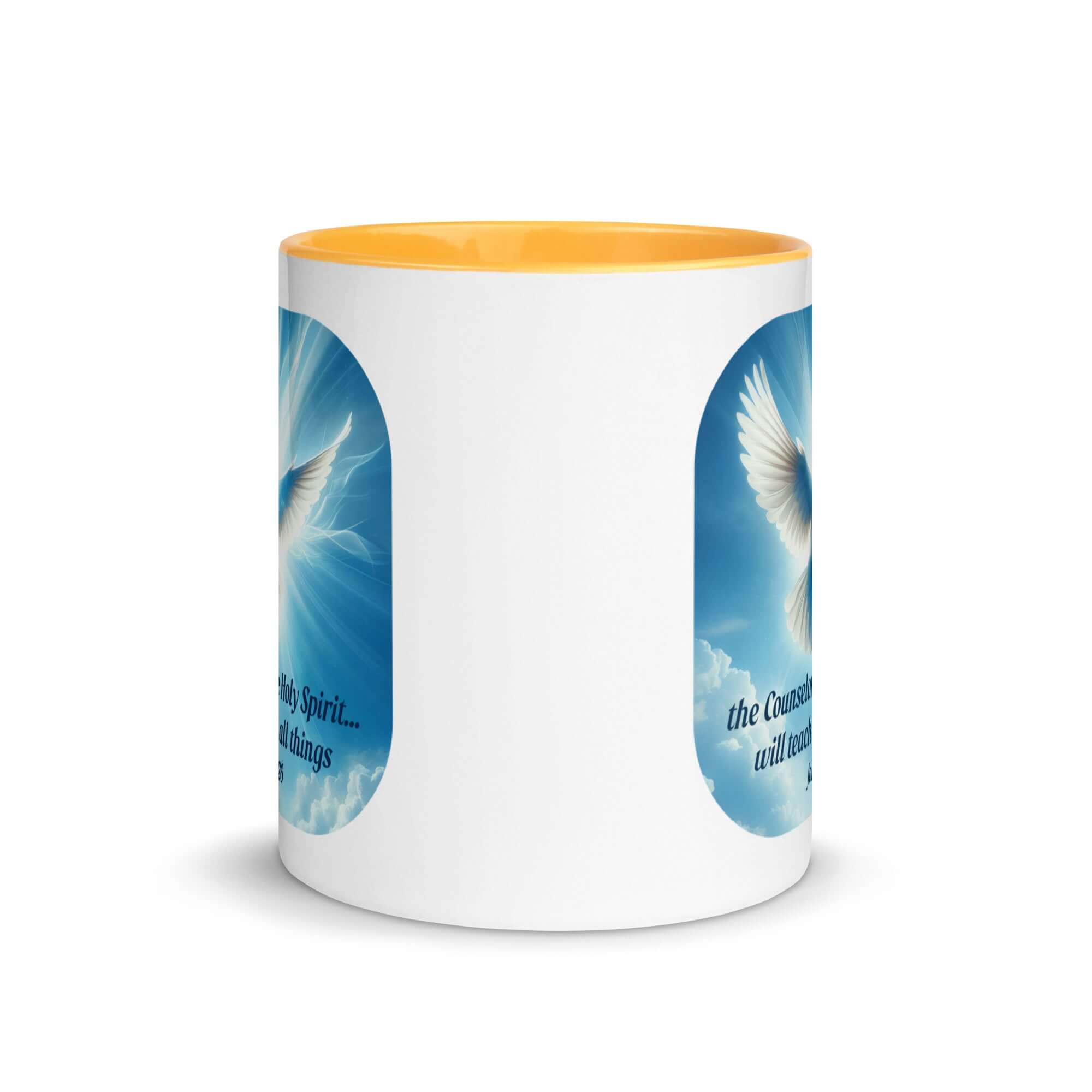 John 14:26 Bible Verse, Holy Spirit Dove White Ceramic Mug with Color Inside