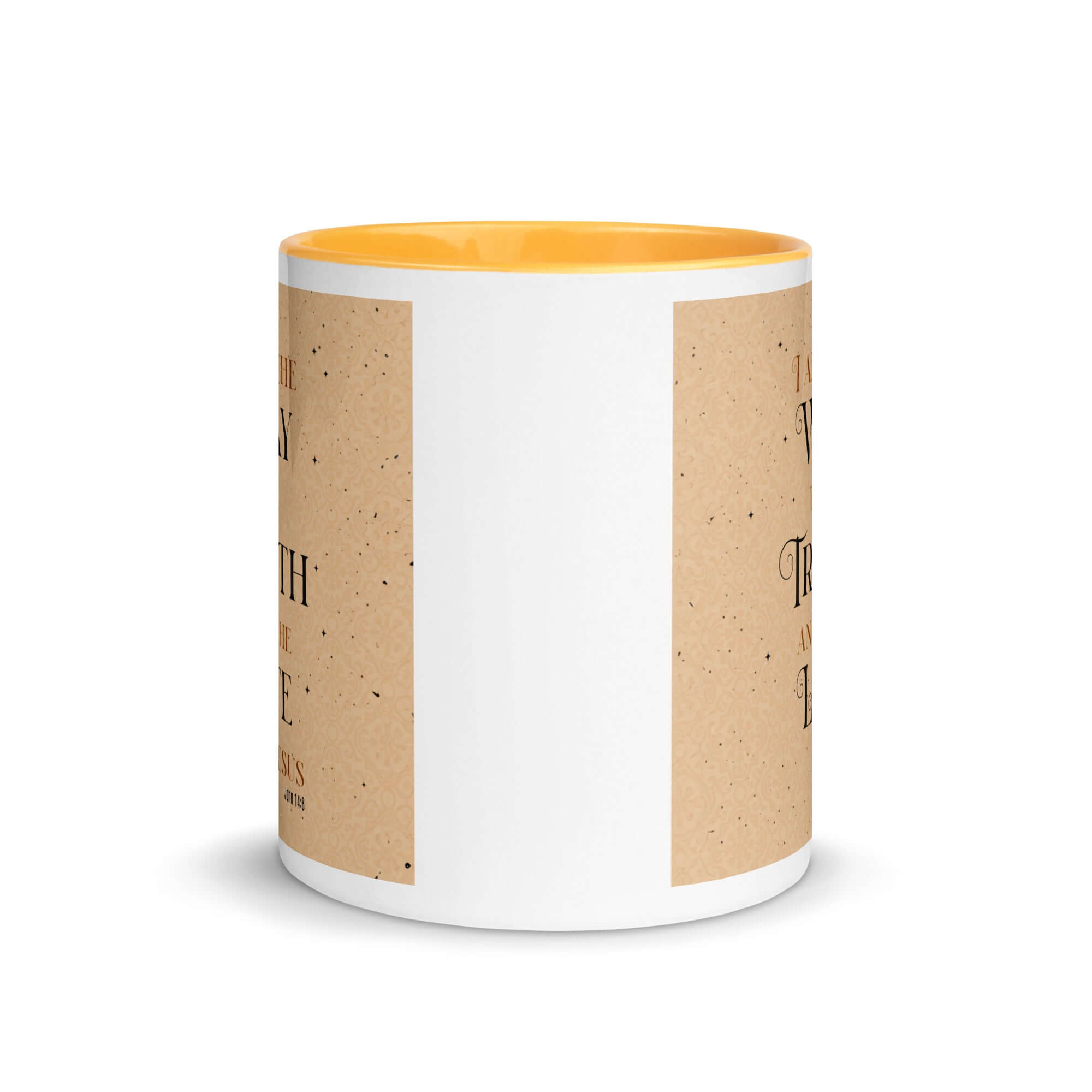 John 14:6 Bible Verse, Color Text Brown Background White Ceramic Mug with Color Inside