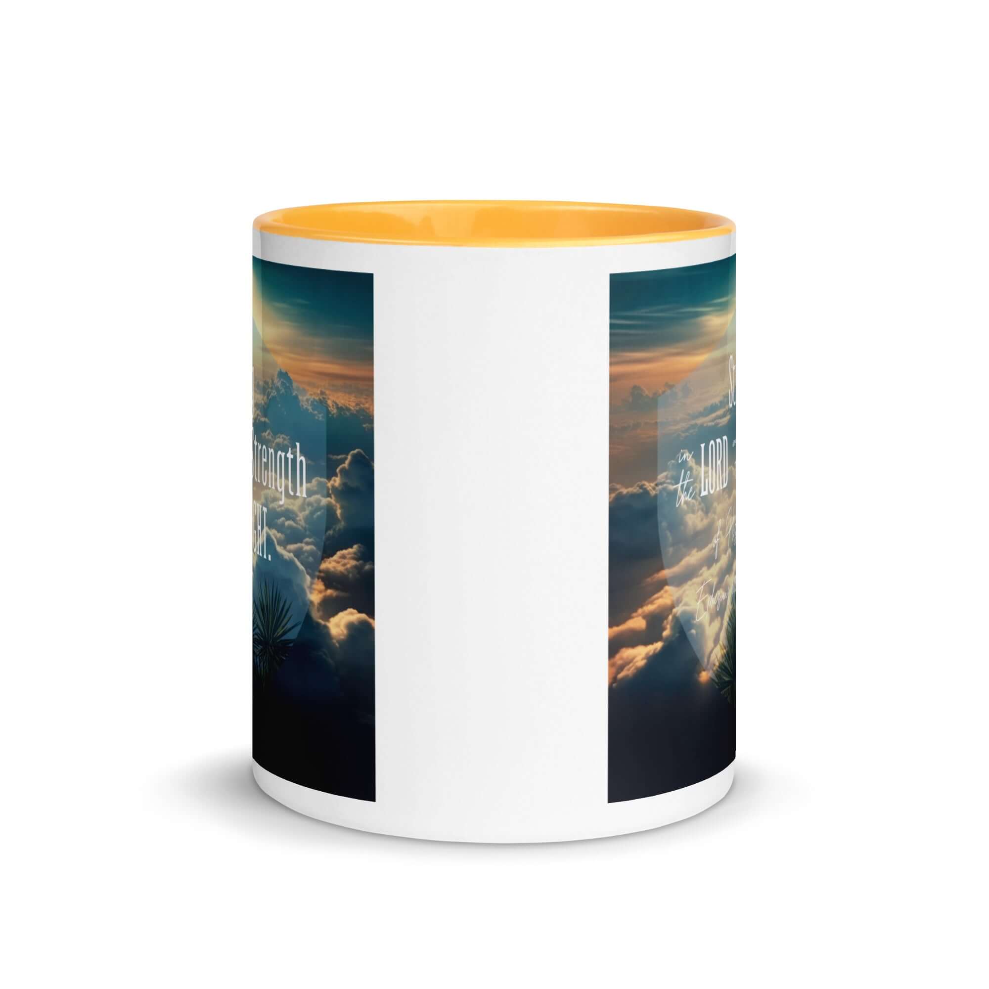 Ephesians 6:10 Bible Verse, be strong in the Lord White Ceramic Mug with Color Inside