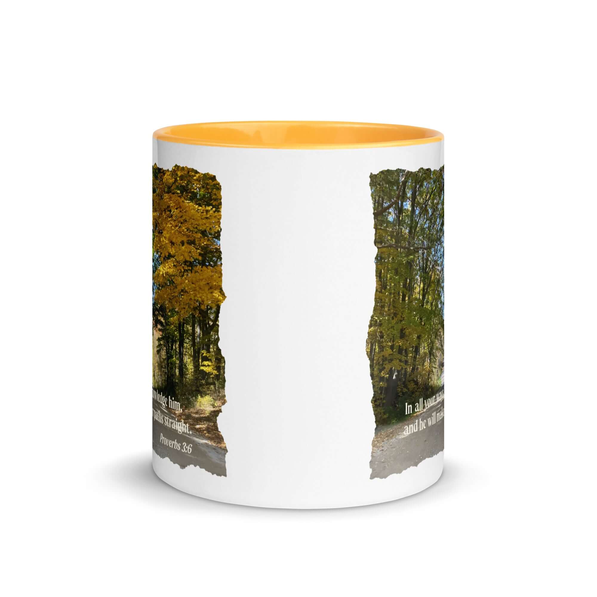 Proverbs 3:6 Bible Verse, Fall Road White Ceramic Mug with Color Inside