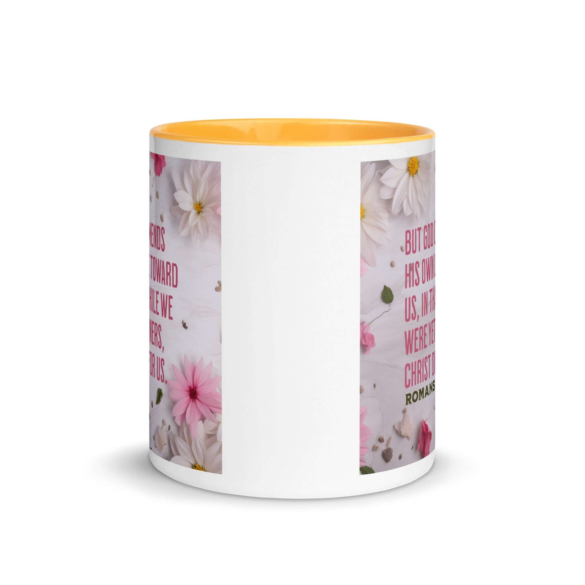 Romans 5:8 Bible Verse, Christ Died for Us White Ceramic Mug with Color Inside