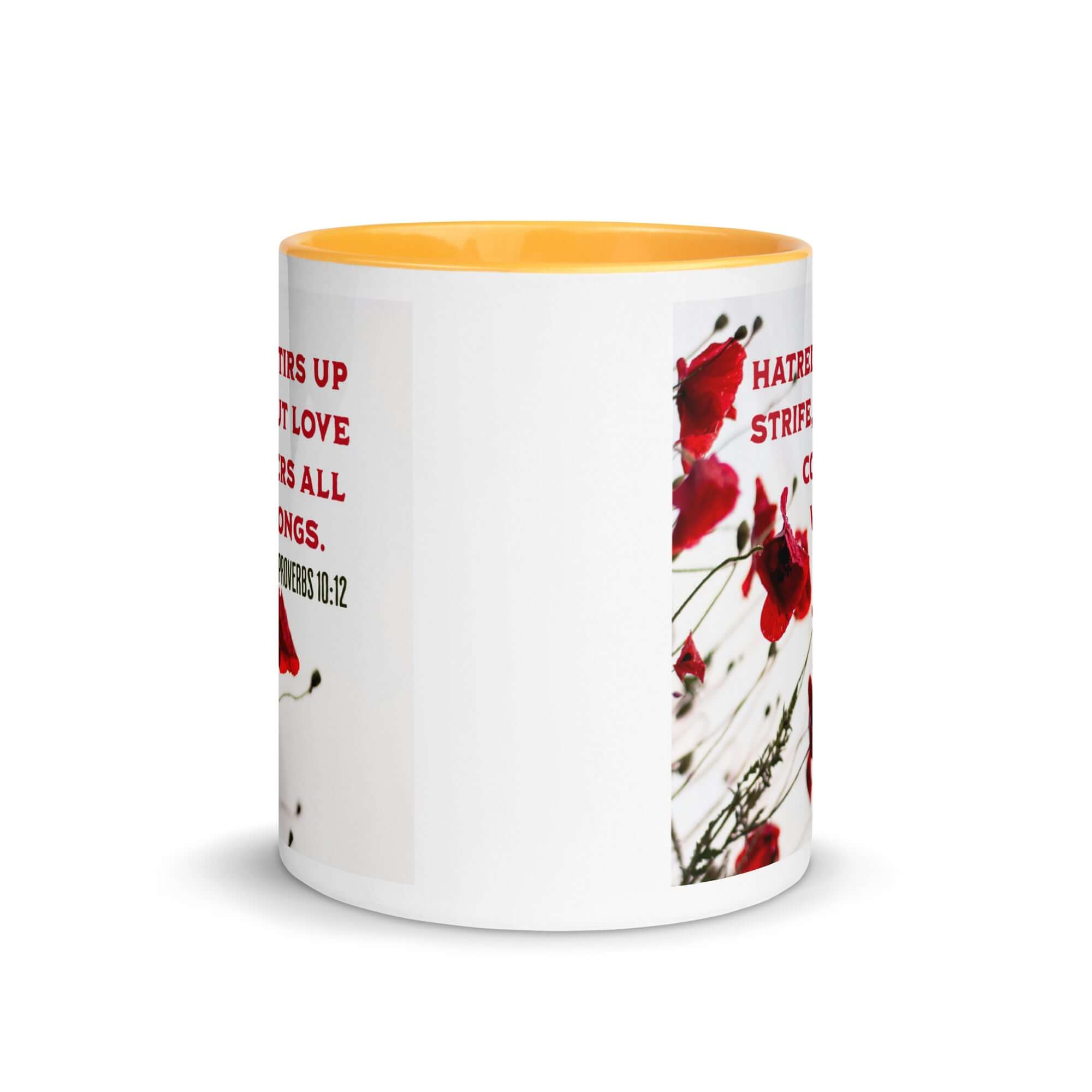 Proverbs 10:12 Bible Verse, Love Covers All White Ceramic Mug with Color Inside