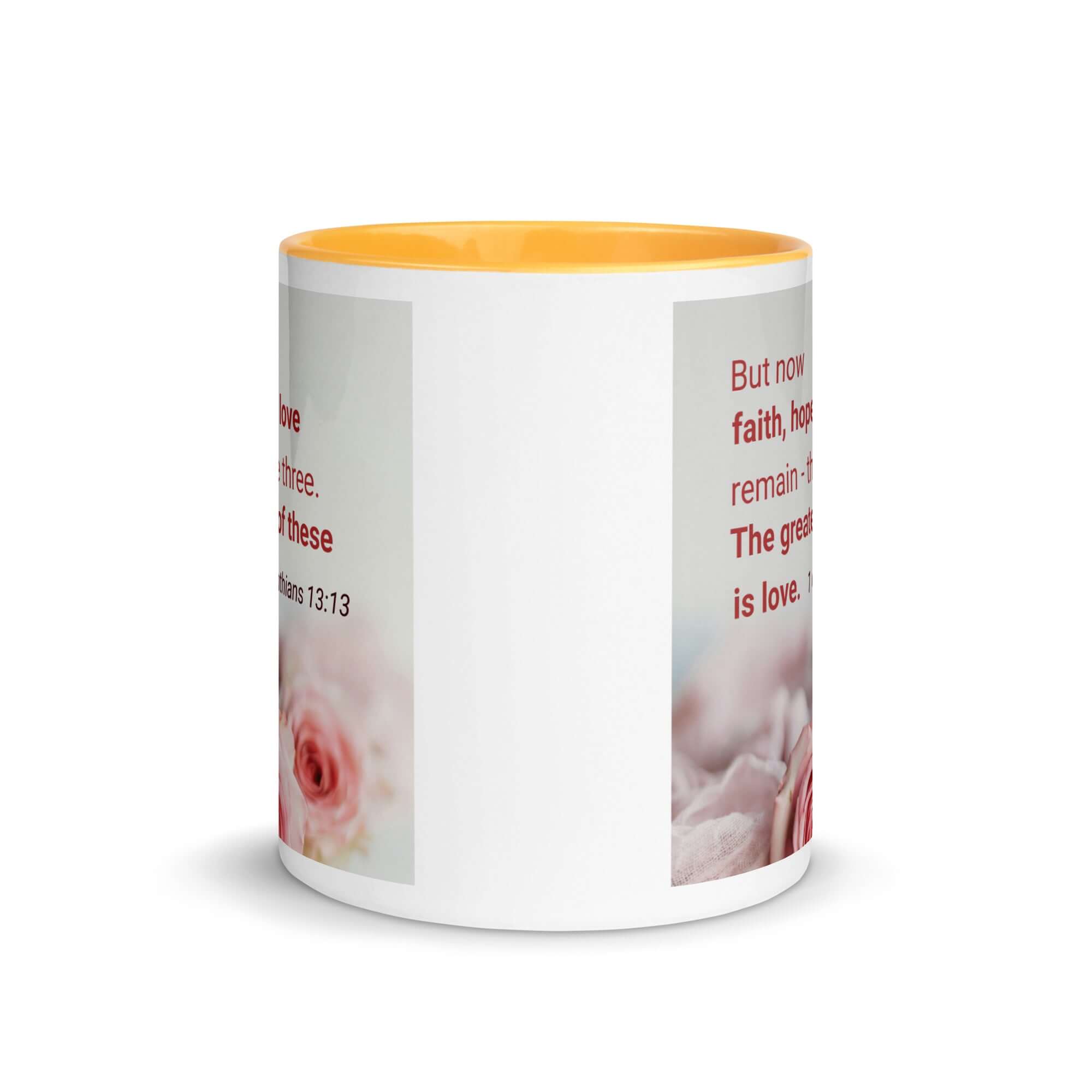 1 Corinthians 13:13 Bible Verse, The Greatest is Love White Ceramic Mug with Color Inside