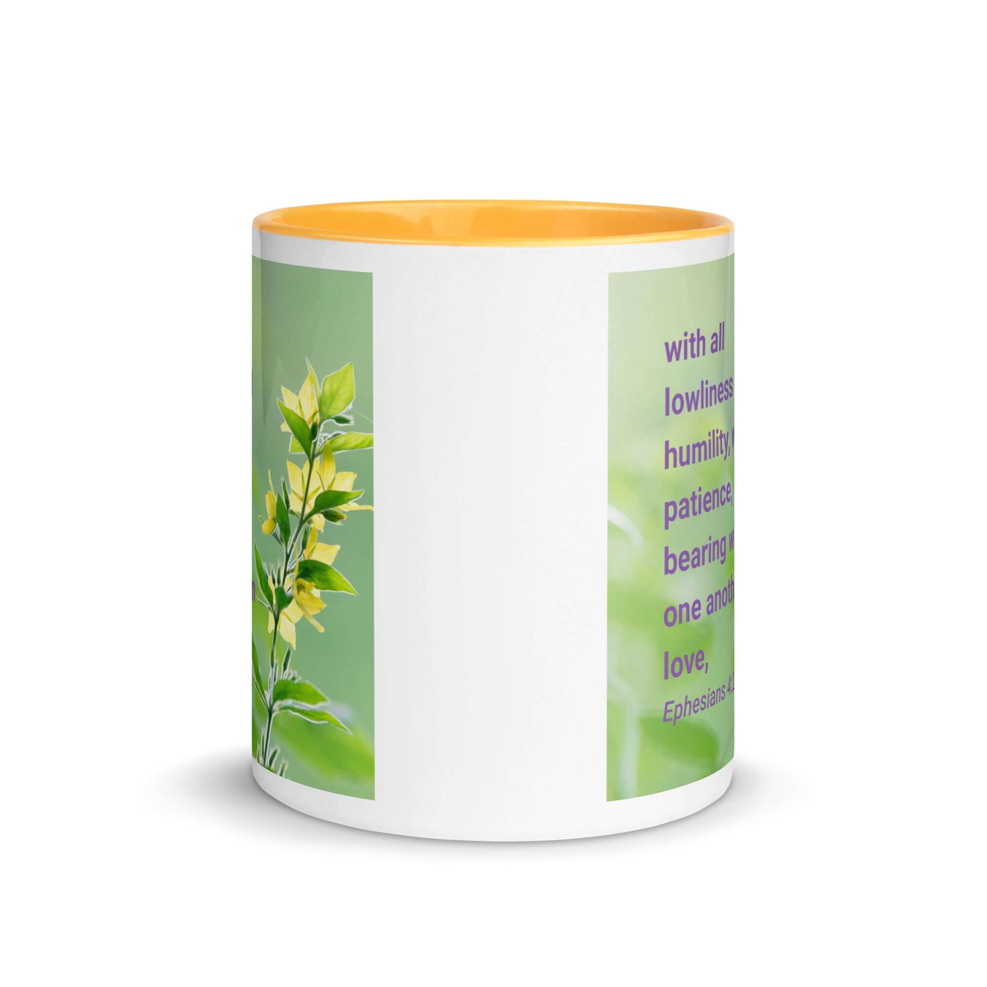 Ephesians 4:2 Bible Verse, one another in love White Ceramic Mug with Color Inside