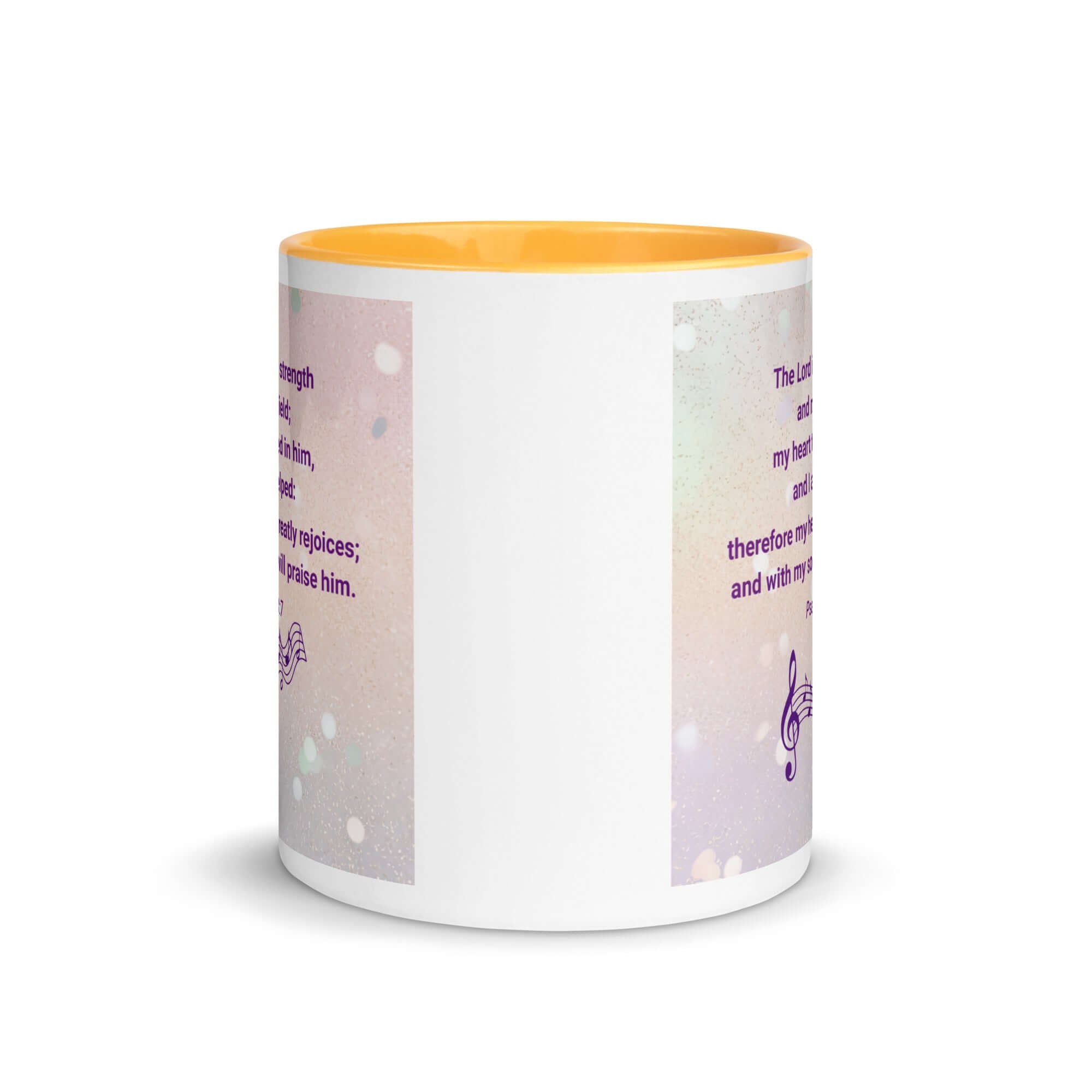 Psalm 28:7 Bible Verse, I will praise Him White Ceramic Mug with Color Inside