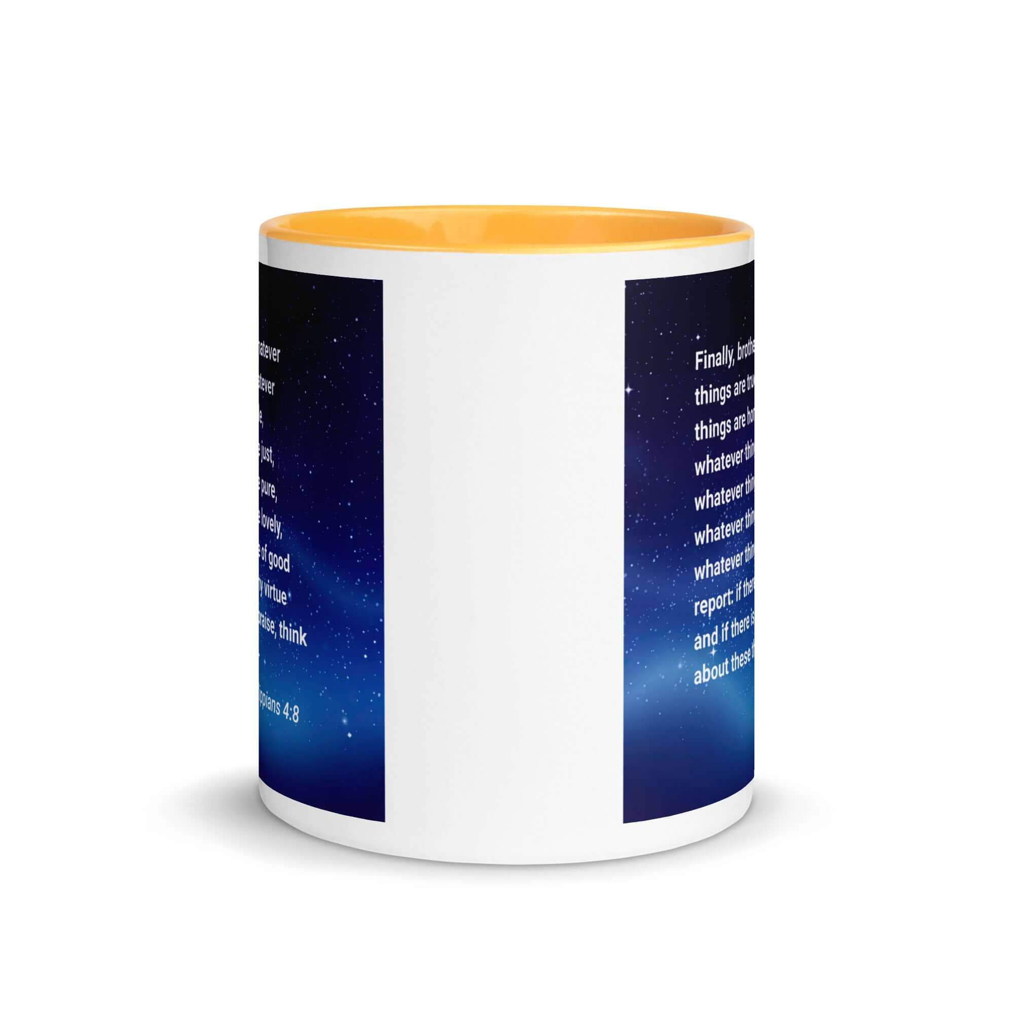 Philippians 4:8 Bible Verse, Think these things White Ceramic Mug with Color Inside