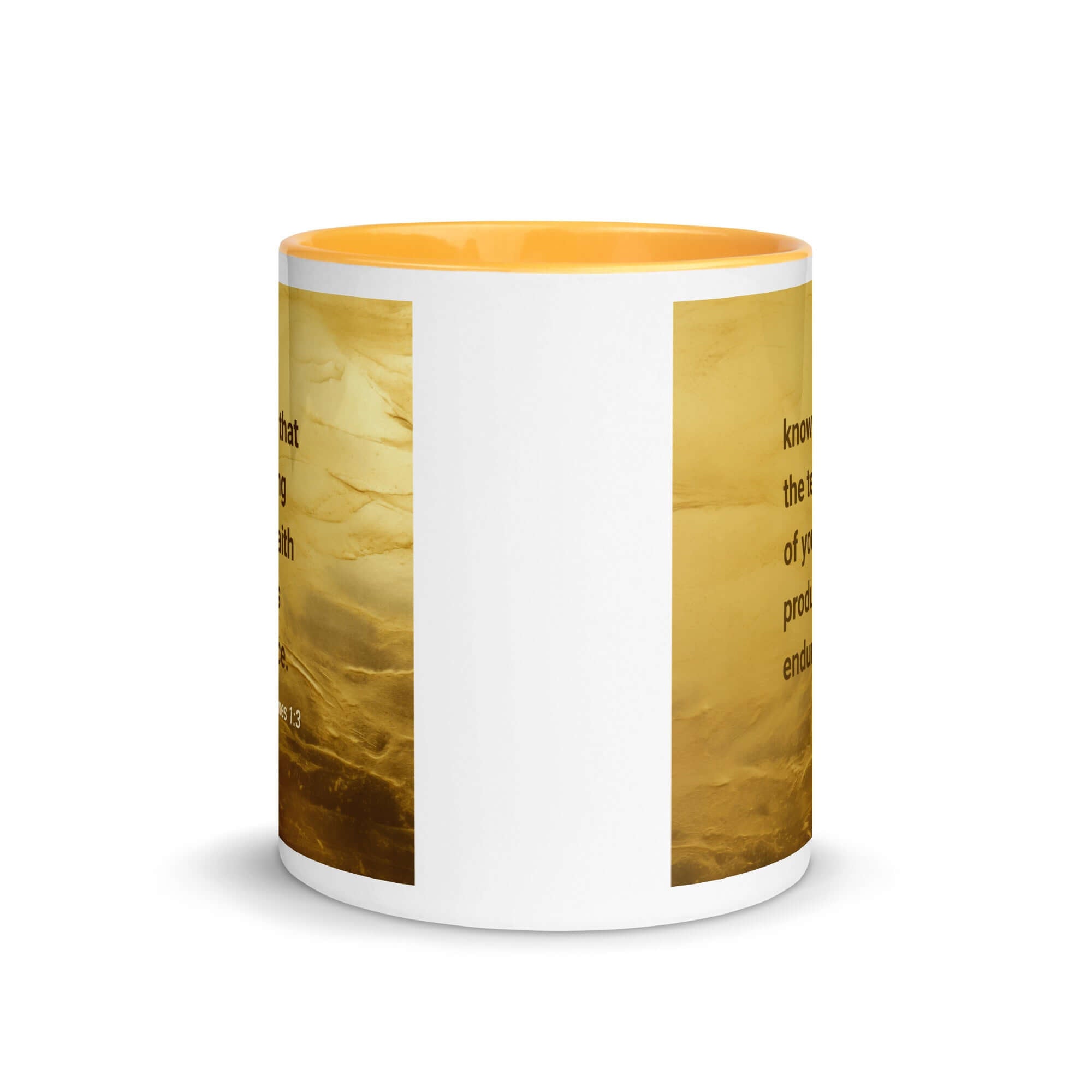 James 1:3 Bible Verse, testing of your faith White Ceramic Mug with Color Inside