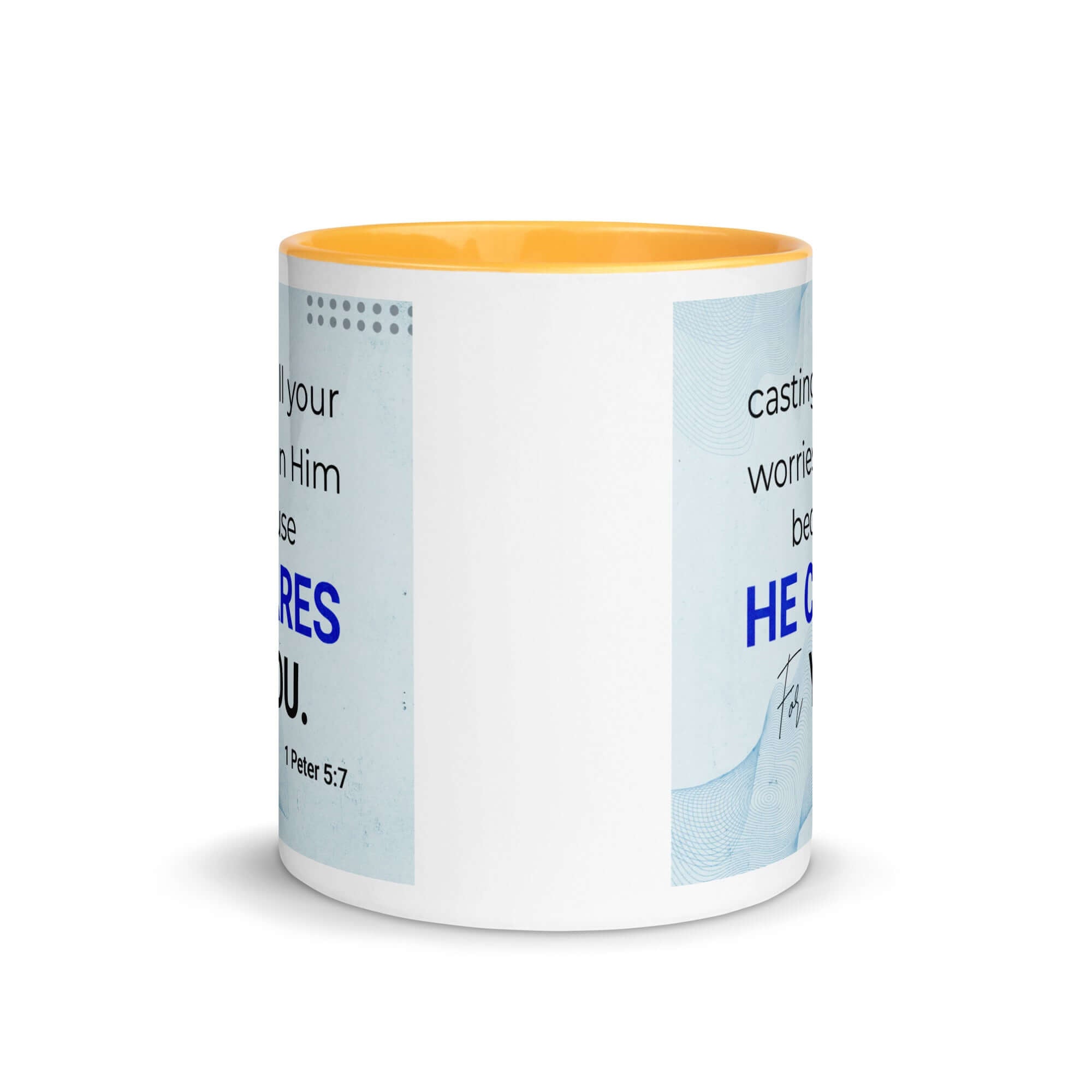1 Peter 5:7 Bible Verse, casting all your worries on Him White Ceramic Mug with Color Inside