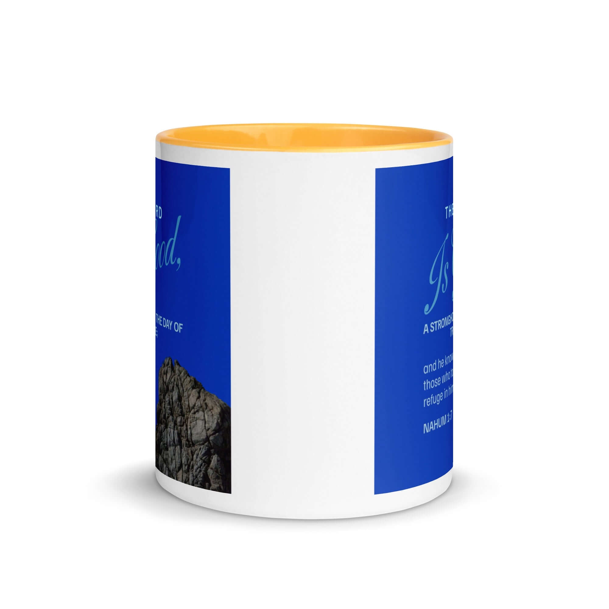 Nahum 1:7 Bible Verse, The LORD is a stronghold White Ceramic Mug with Color Inside