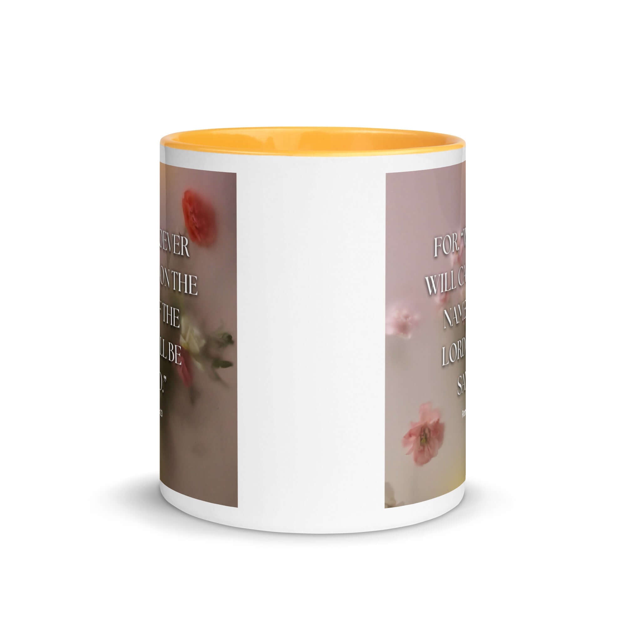 Romans 10:13 Bible Verse, will call White Ceramic Mug with Color Inside