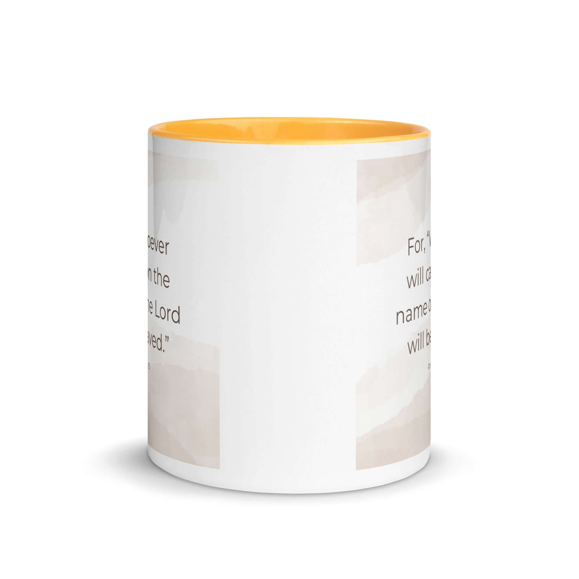 Romans 10:13 Bible Verse, the name White Ceramic Mug with Color Inside