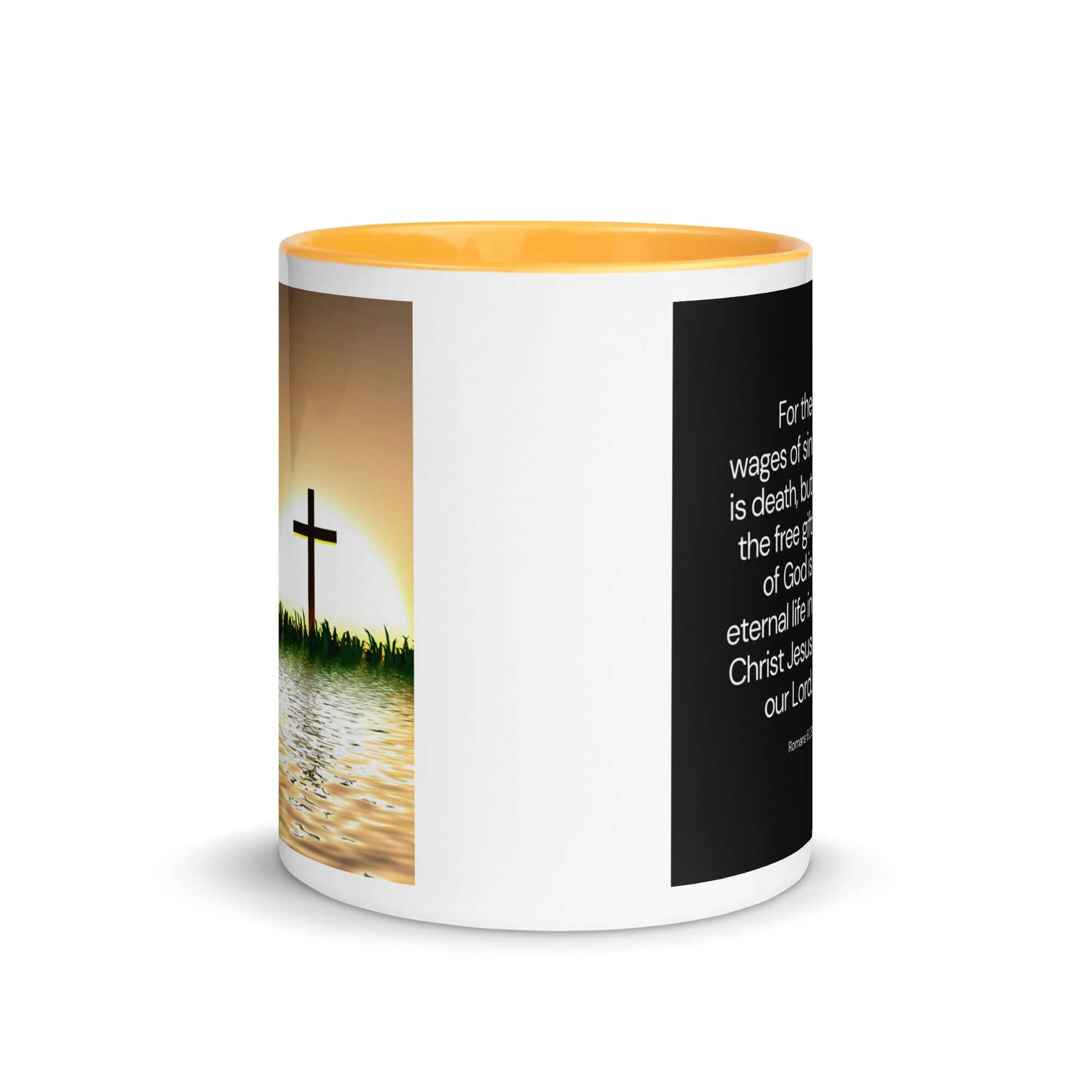 Romans 6:23 Bible Verse, the wages White Ceramic Mug with Color Inside