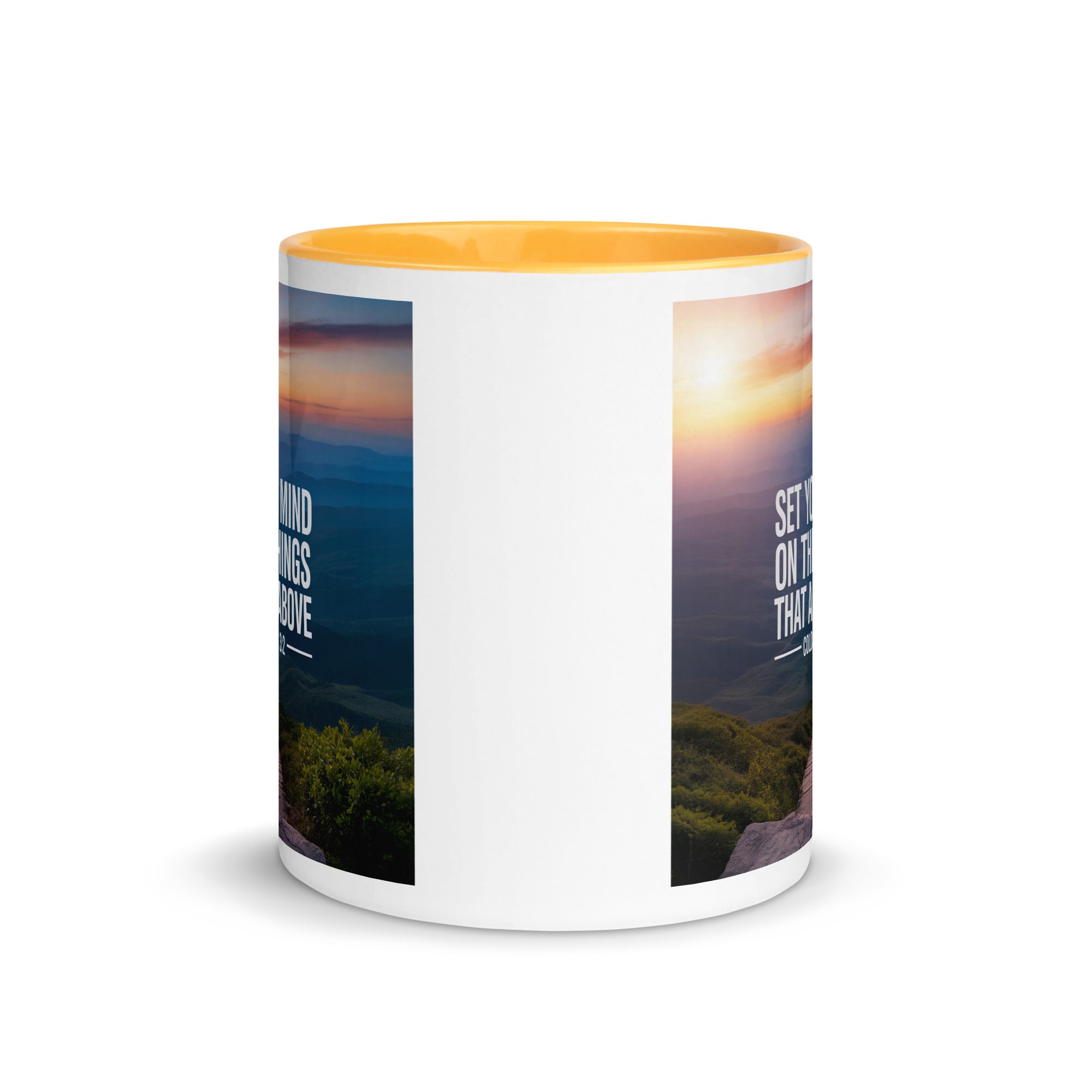 Colossians 3:2 Bible Verse your mind White Ceramic Mug with Color Inside