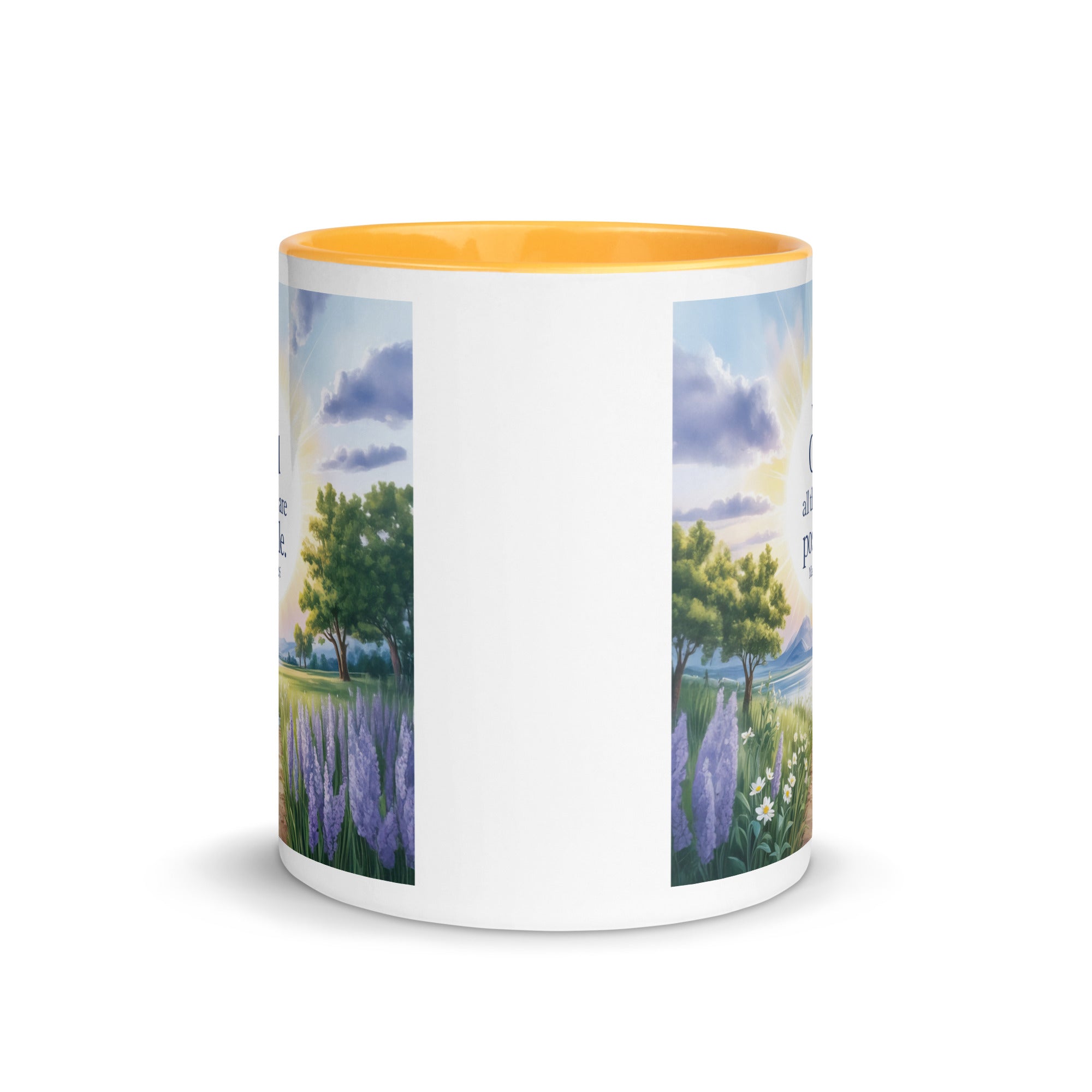 Matthew 19:26 Bible Verse Looking at White Ceramic Mug with Color Inside