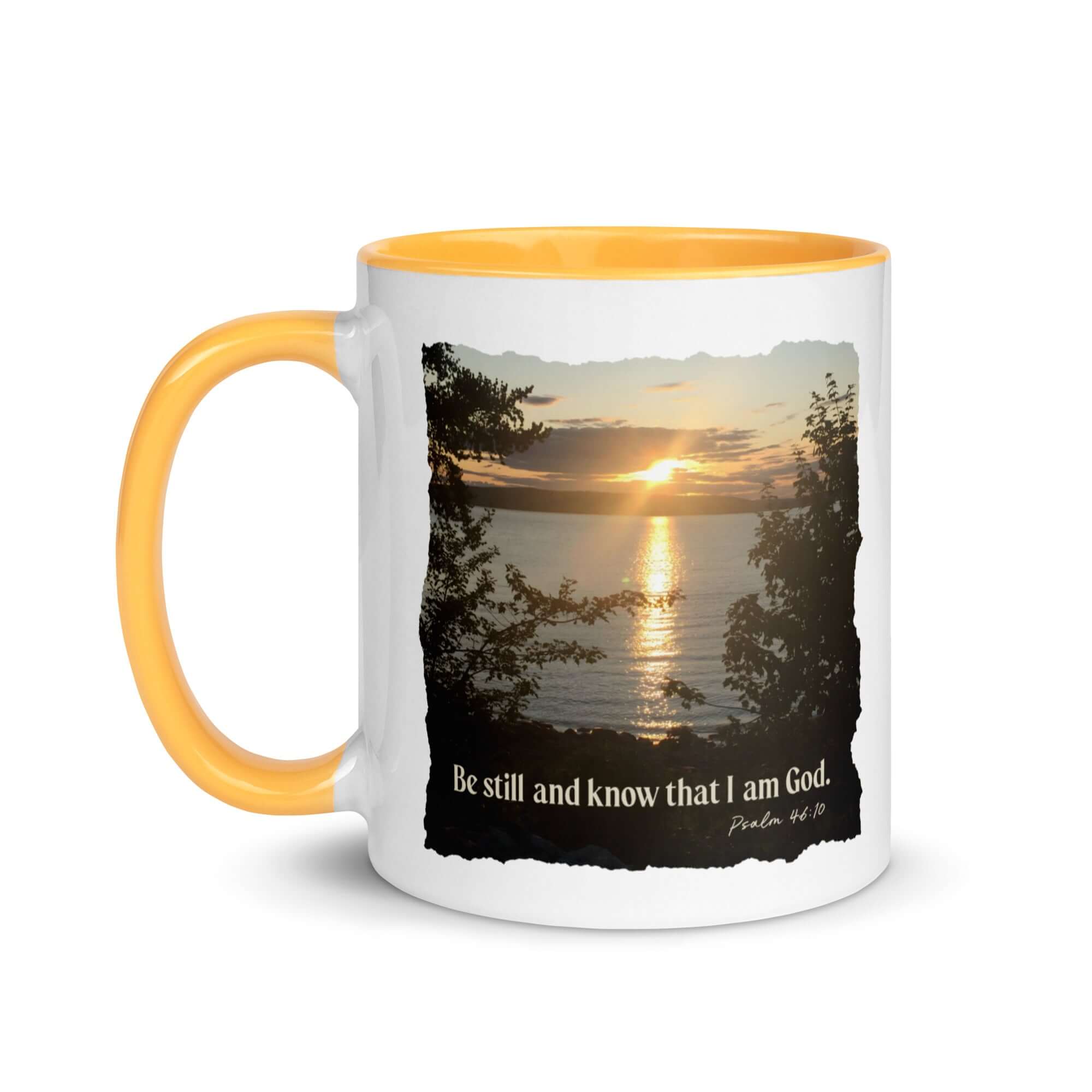 Psalm 46:10 Bible Verse, Sunset Glory White Ceramic Mug with Color Inside
