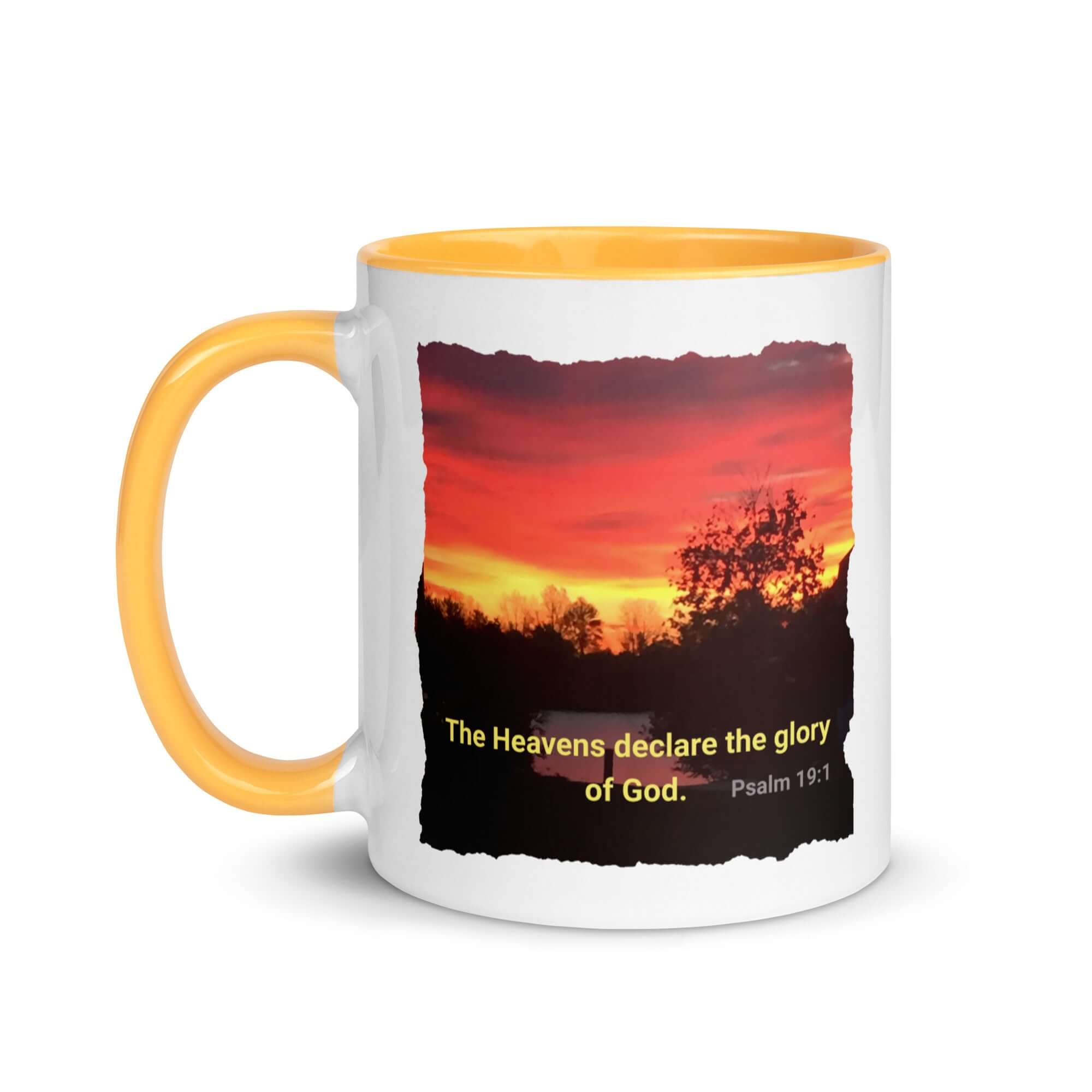 Psalm 19:1 Bible Verse, Sunset Glory White Ceramic Mug with Color Inside