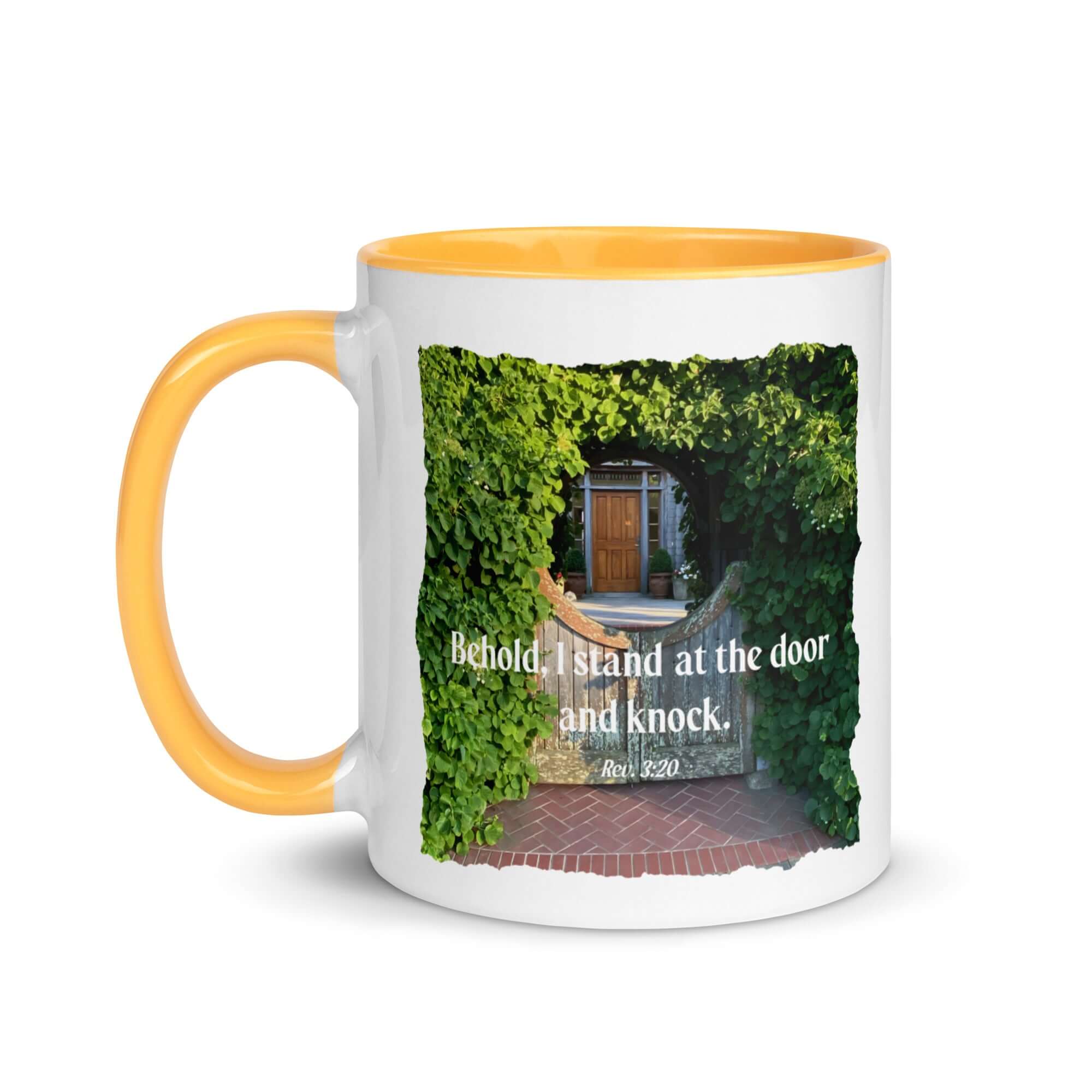 Revelation 3:20 Bible Verse, Garden Doorway White Ceramic Mug with Color Inside