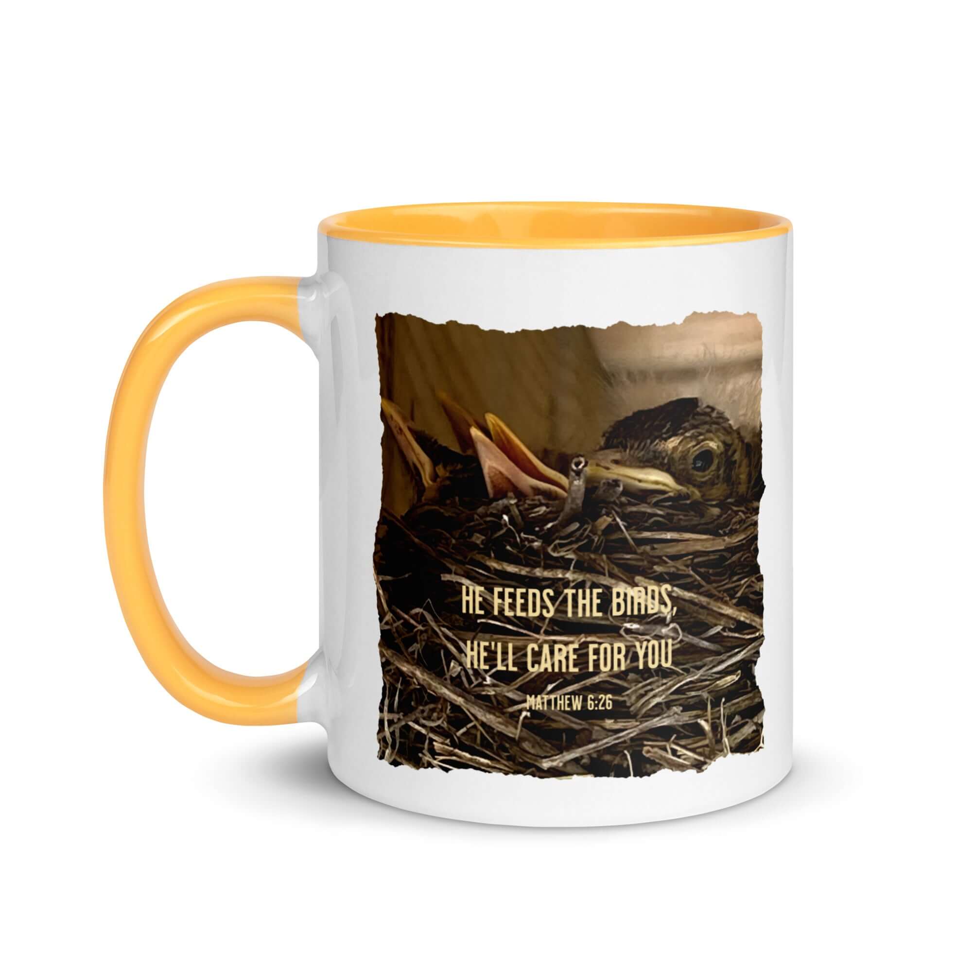 Matthew 6:26 Baby Robins, He'll Care for You White Ceramic Mug with Color Inside