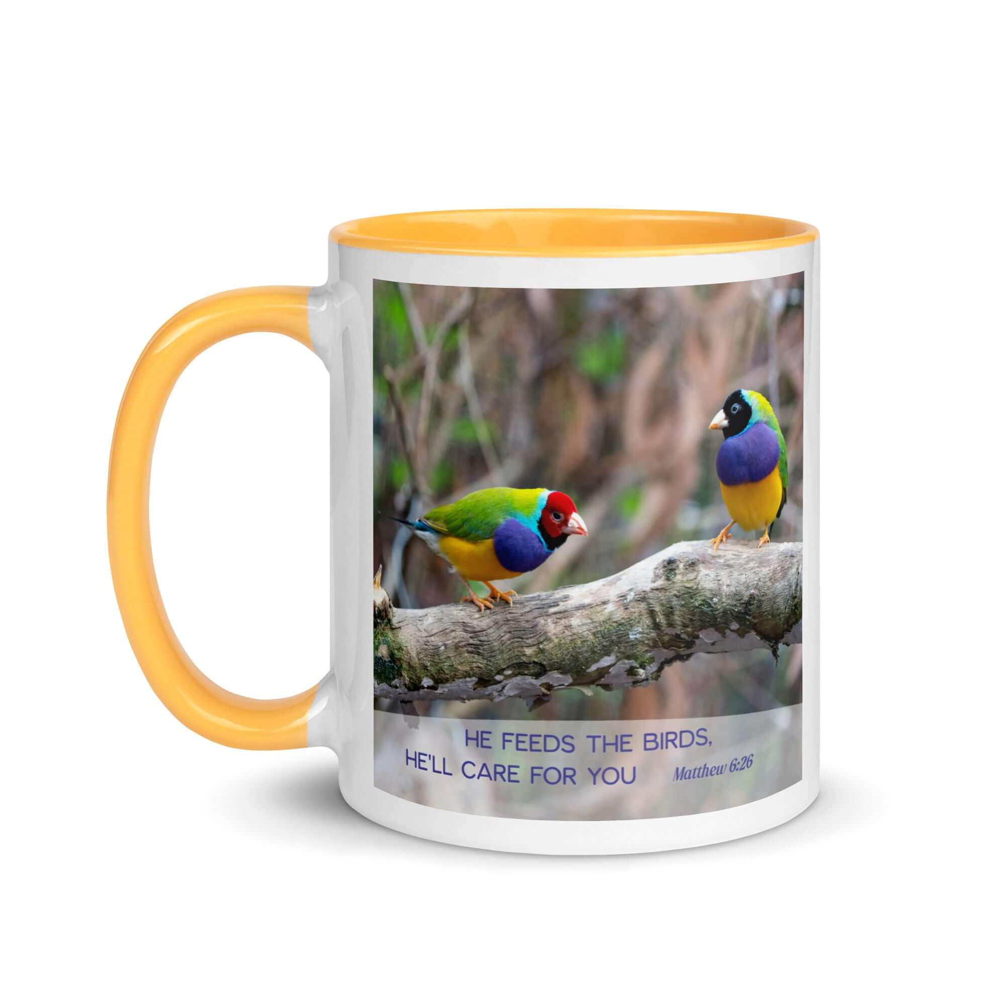 Matthew 6:26 Gouldian Finches, He'll Care for You White Ceramic Mug with Color Inside