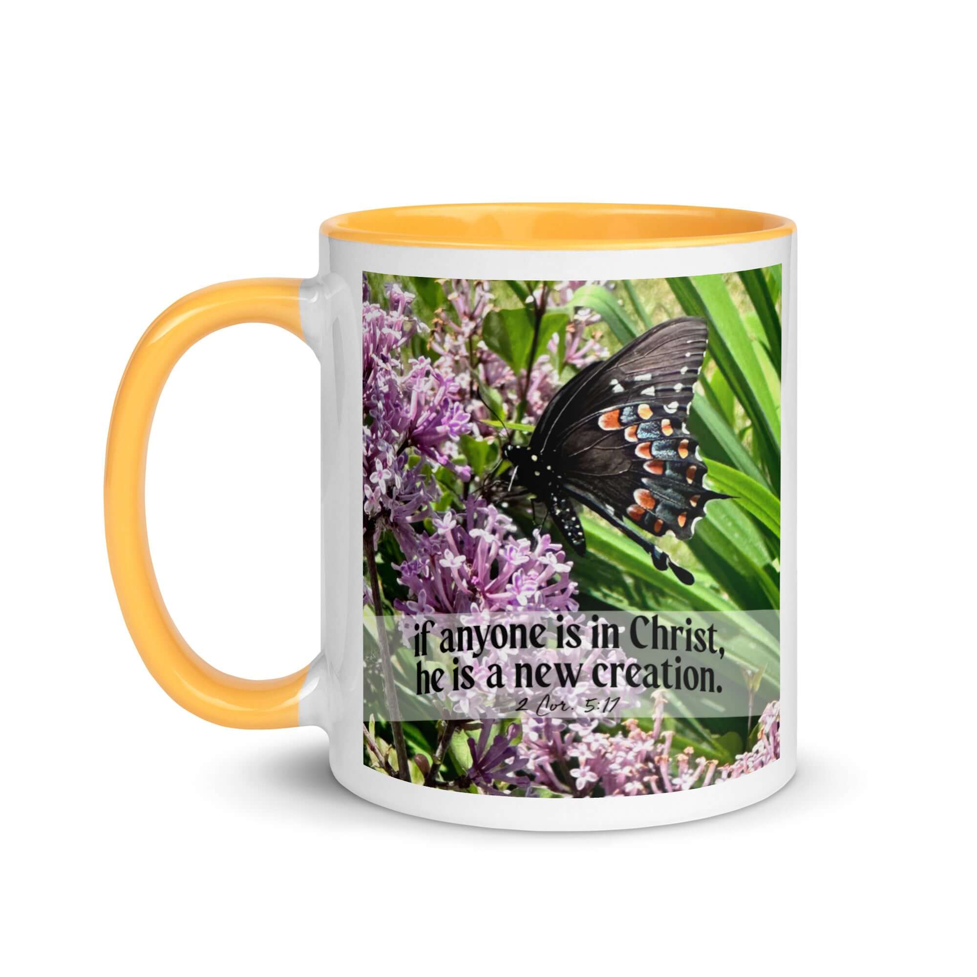 2 Corinthians 5:17 Bible Verse, Butterfly White Ceramic Mug with Color Inside