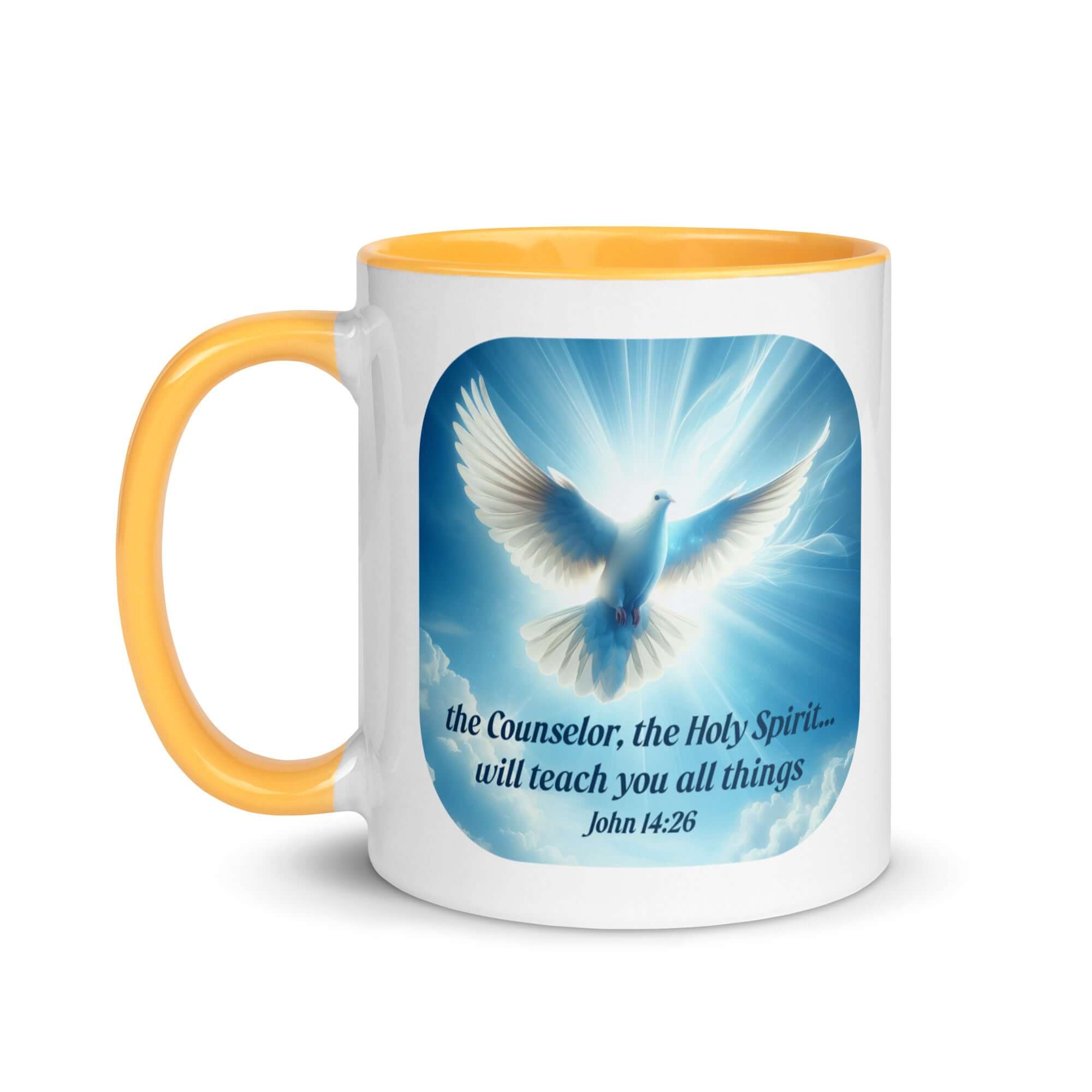 John 14:26 Bible Verse, Holy Spirit Dove White Ceramic Mug with Color Inside