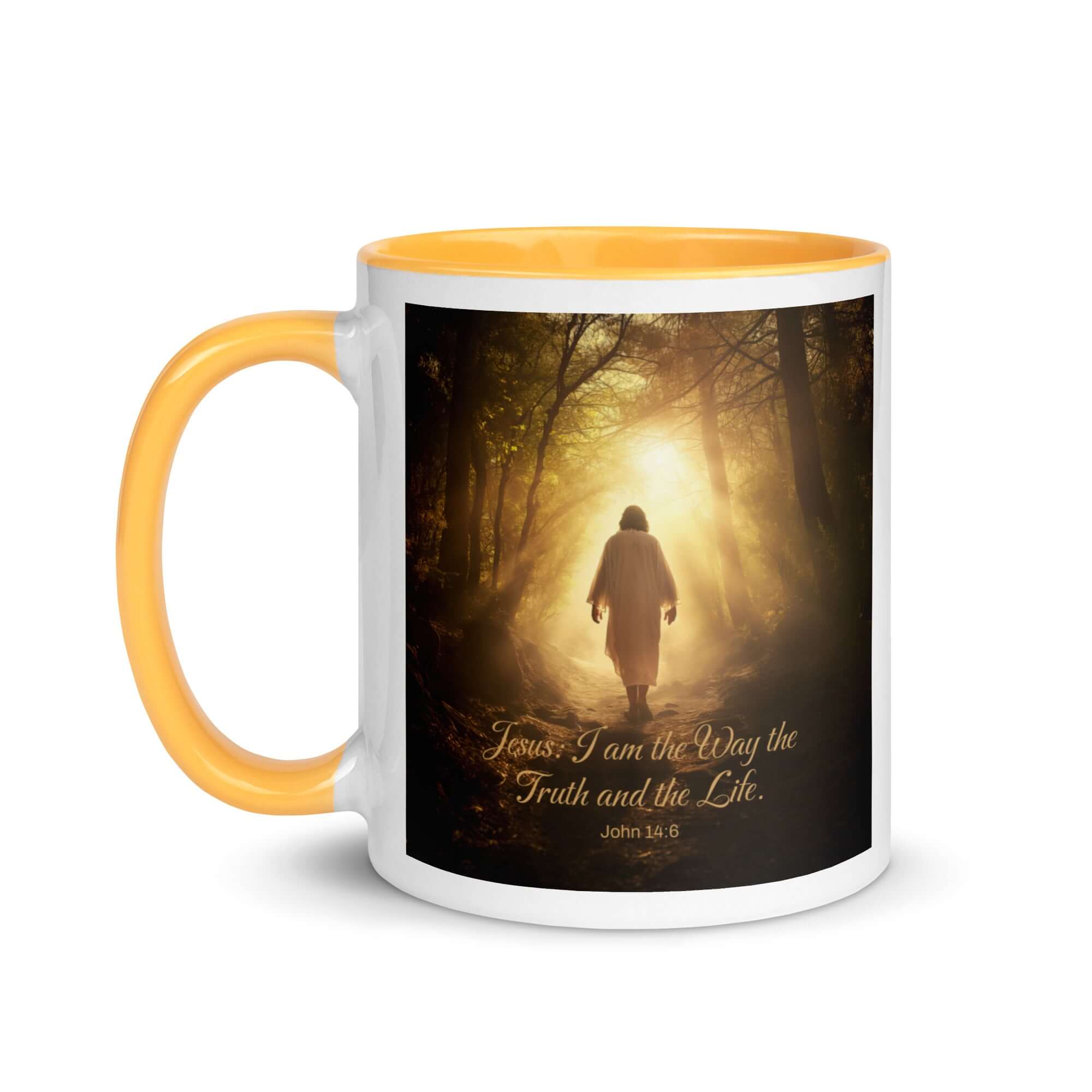 John 14:6 Bible Verse, Forest Image White Ceramic Mug with Color Inside