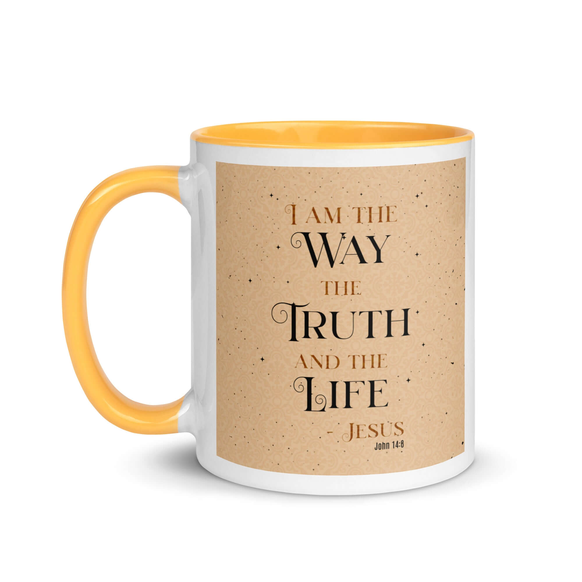 John 14:6 Bible Verse, Color Text Brown Background White Ceramic Mug with Color Inside