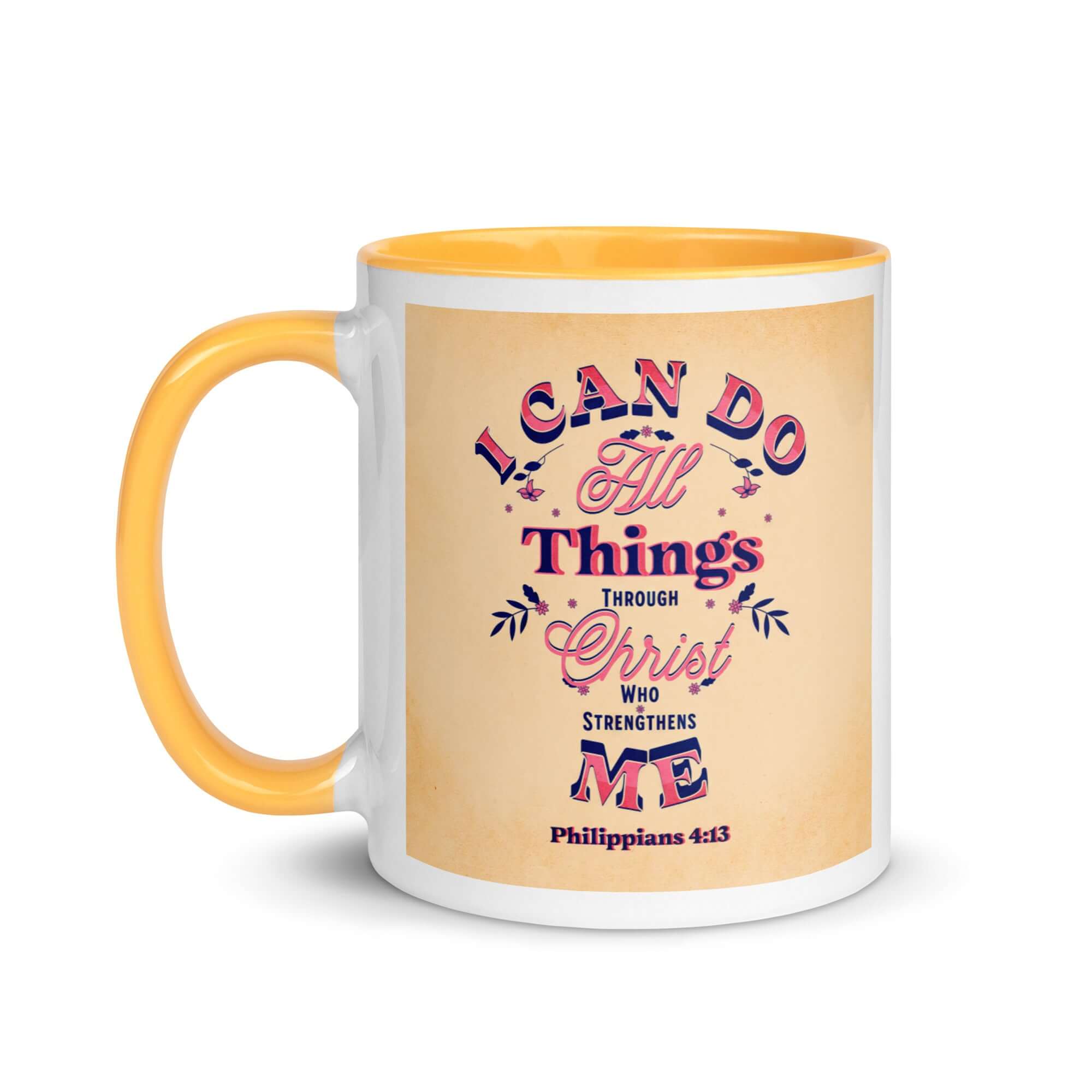 Philippians 4:13 Bible Verse, Christ Strengthens Me White Ceramic Mug with Color Inside