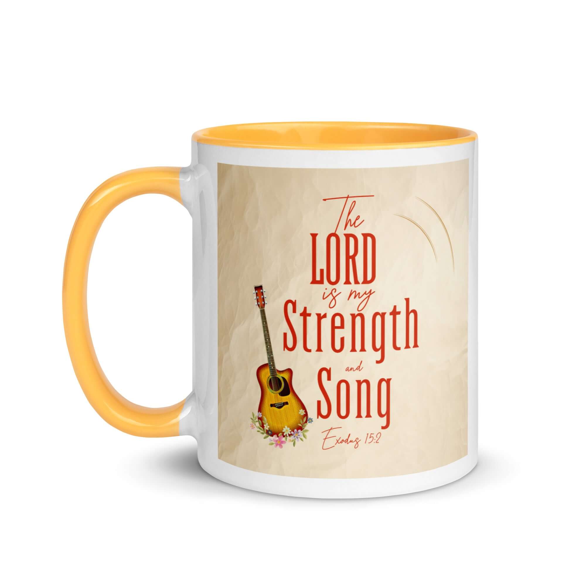 Exodus 15:2 Bible Verse, The LORD is my strength White Ceramic Mug with Color Inside
