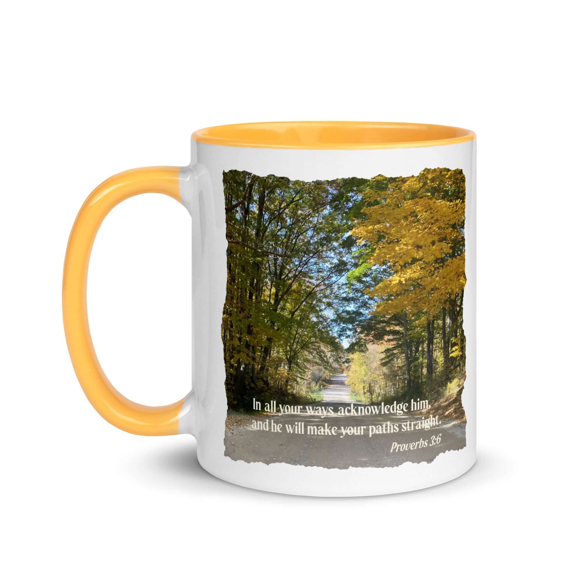 Proverbs 3:6 Bible Verse, Fall Road White Ceramic Mug with Color Inside