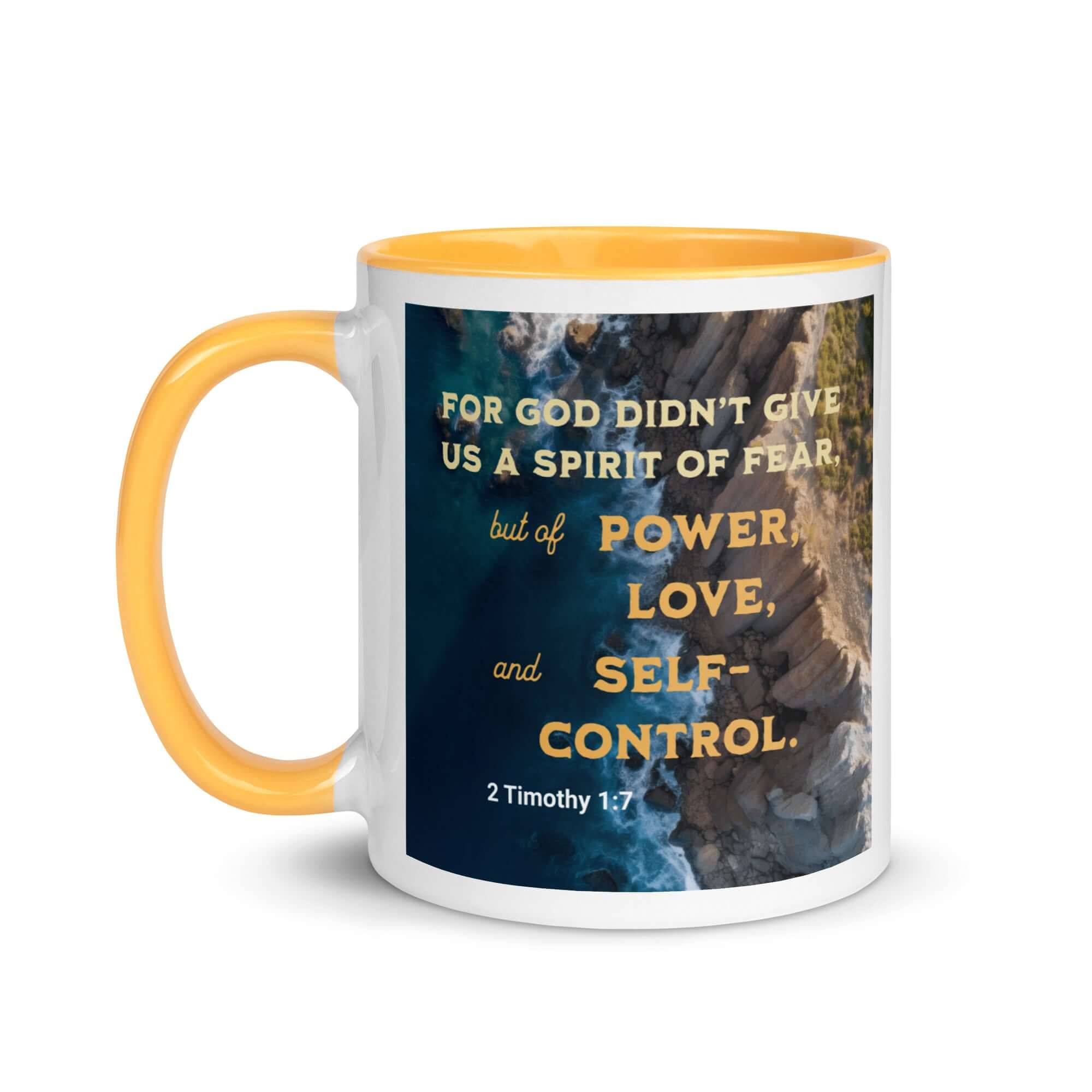 2 Timothy 1:7 Bible Verse, Power, Love, Self-Control White Ceramic Mug with Color Inside