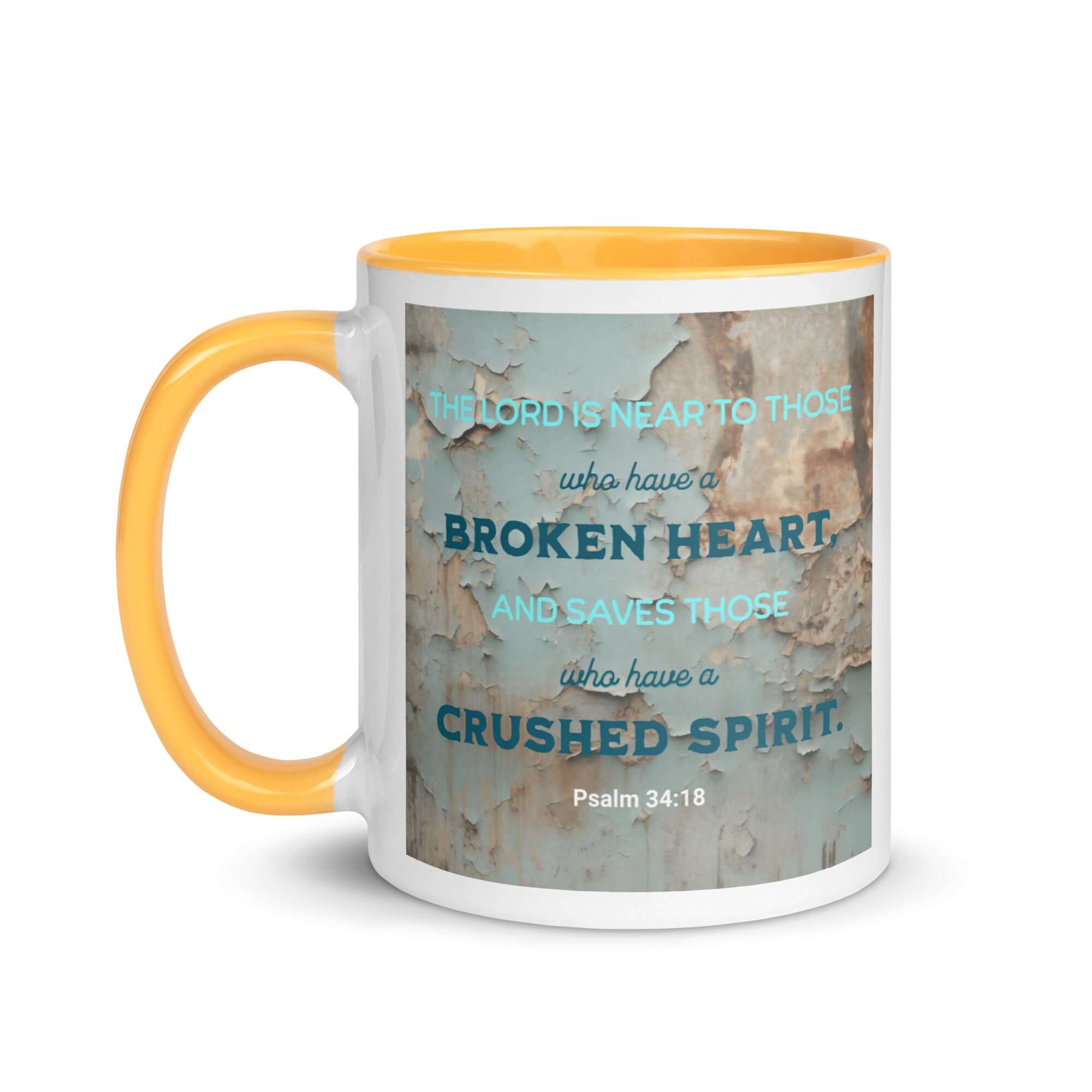 Psalm 34:18 Bible Verse, The LORD is Near White Ceramic Mug with Color Inside