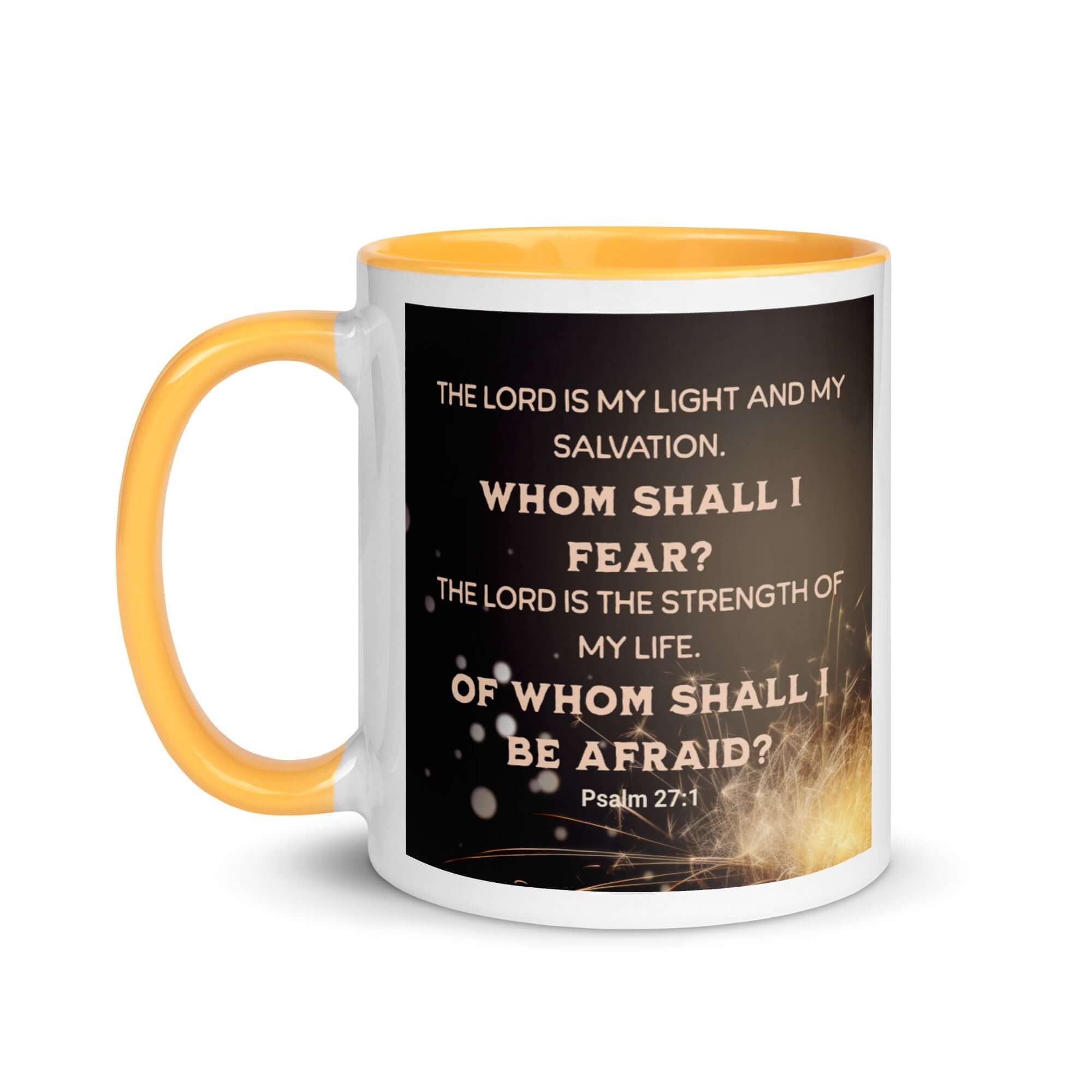 Psalm 27:1 Bible Verse, The LORD is My Light White Ceramic Mug with Color Inside