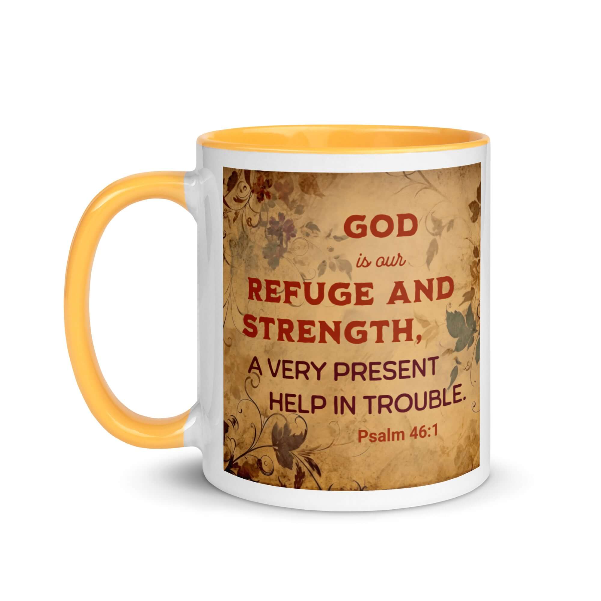 Psalm 46:1 Bible Verse, God is Our Refuge White Ceramic Mug with Color Inside