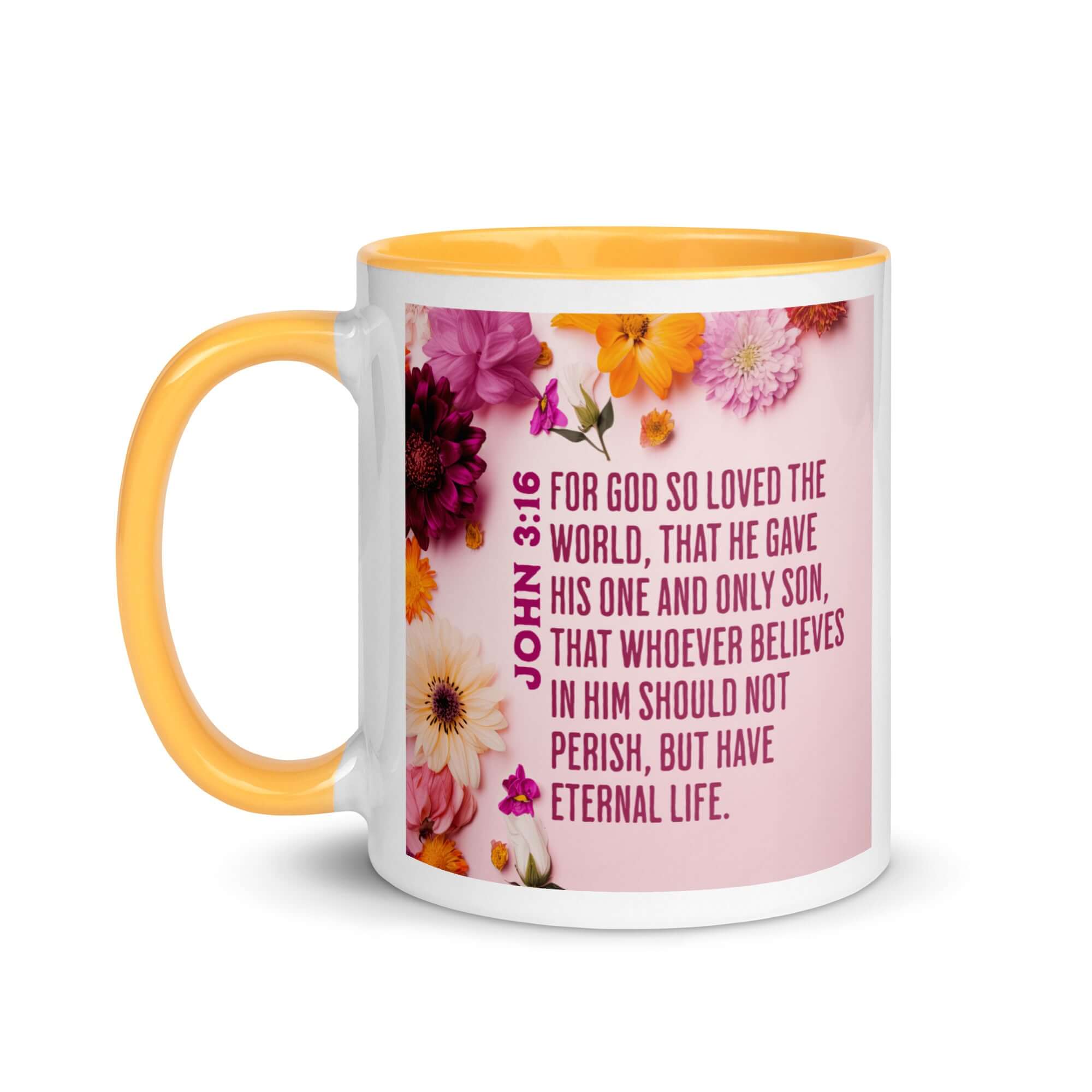 John 3:16 Bible Verse, For God So Loved White Ceramic Mug with Color Inside