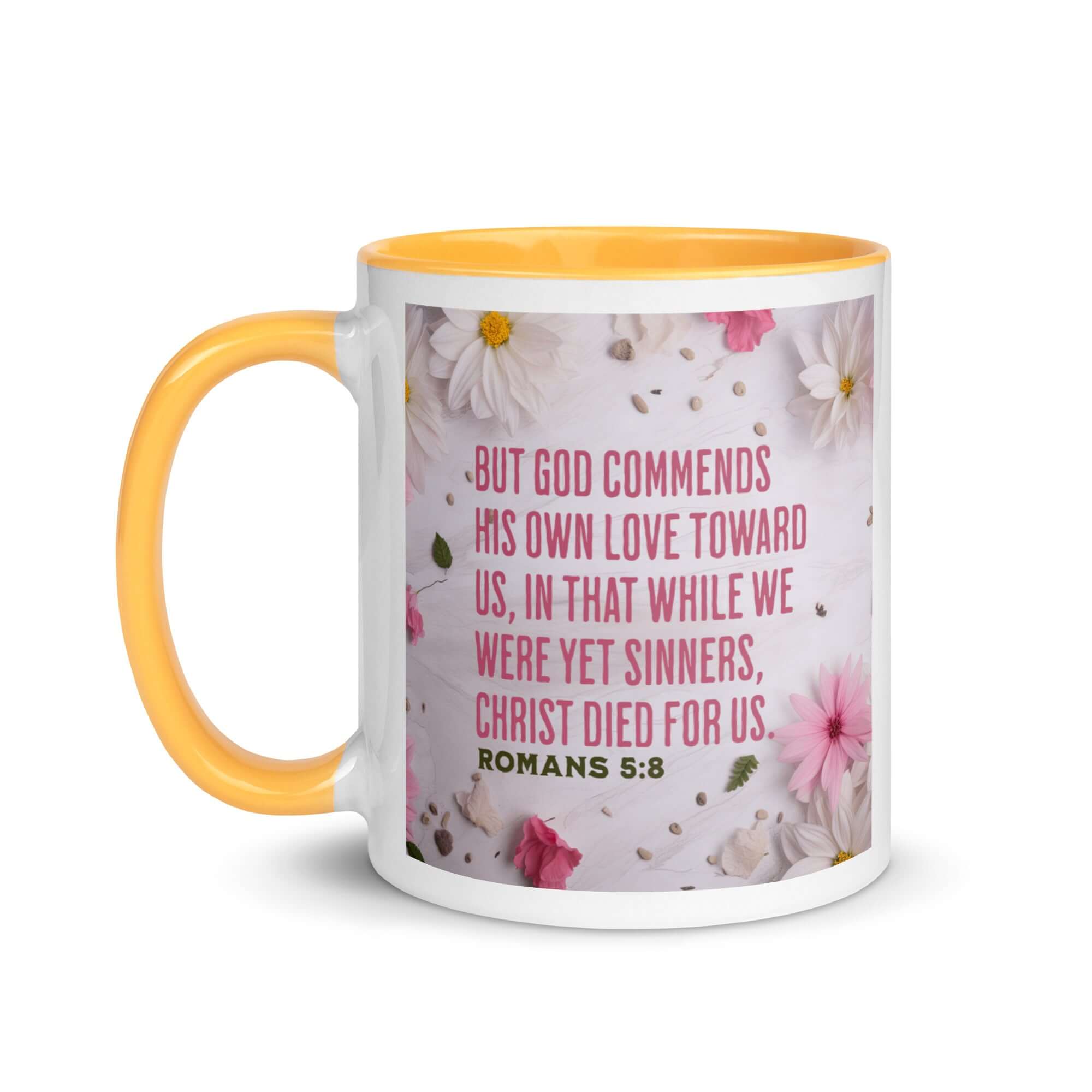 Romans 5:8 Bible Verse, Christ Died for Us White Ceramic Mug with Color Inside