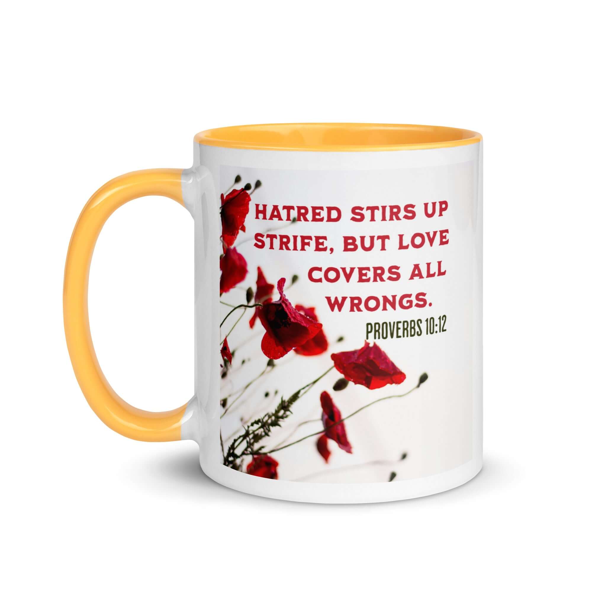Proverbs 10:12 Bible Verse, Love Covers All White Ceramic Mug with Color Inside
