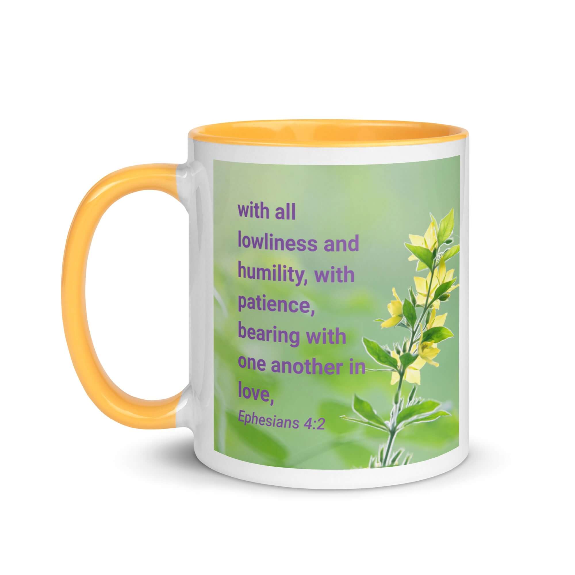 Ephesians 4:2 Bible Verse, one another in love White Ceramic Mug with Color Inside