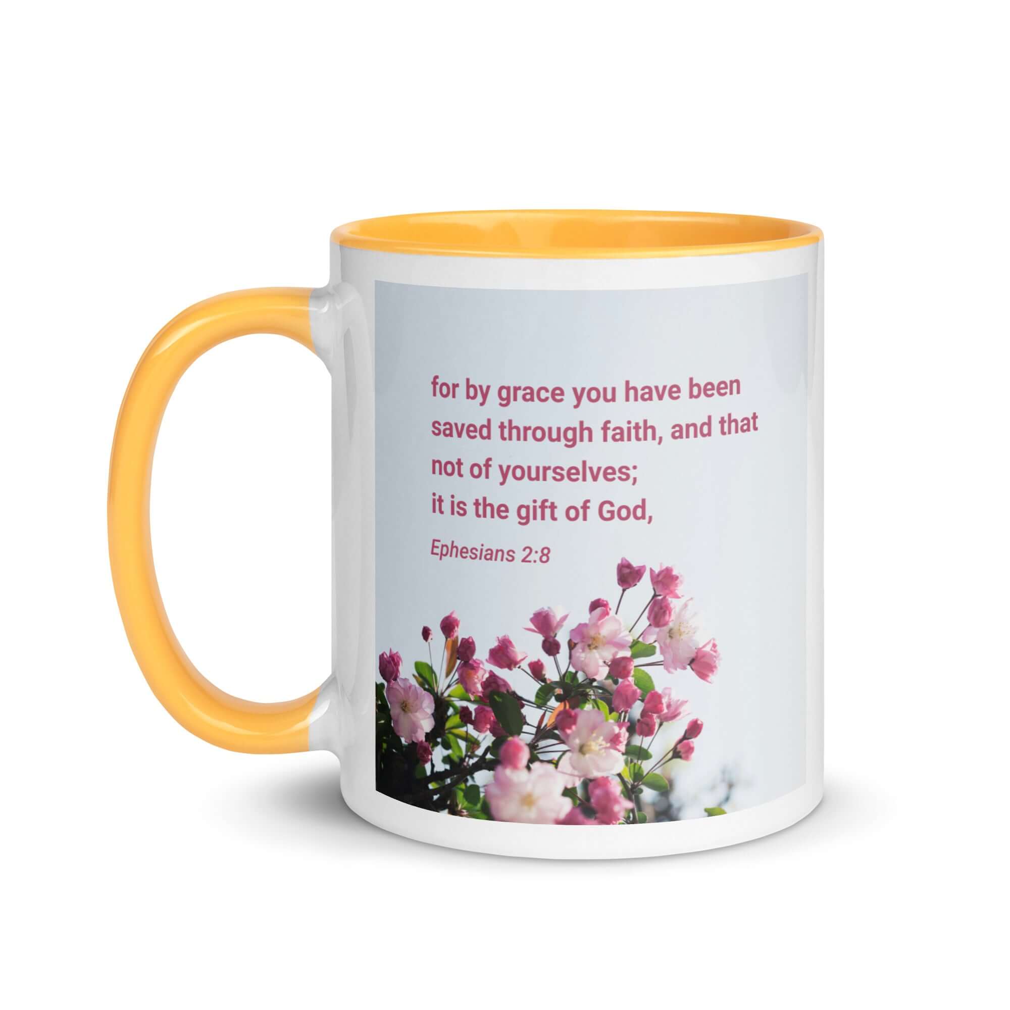 Ephesians 2:8 Bible Verse, saved through faith White Ceramic Mug with Color Inside