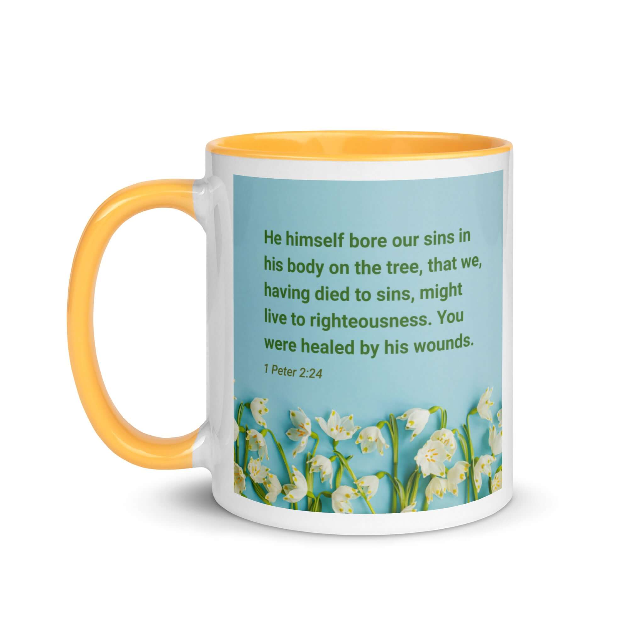 1 Peter 2:24 Bible Verse, healed by His wounds White Ceramic Mug with Color Inside