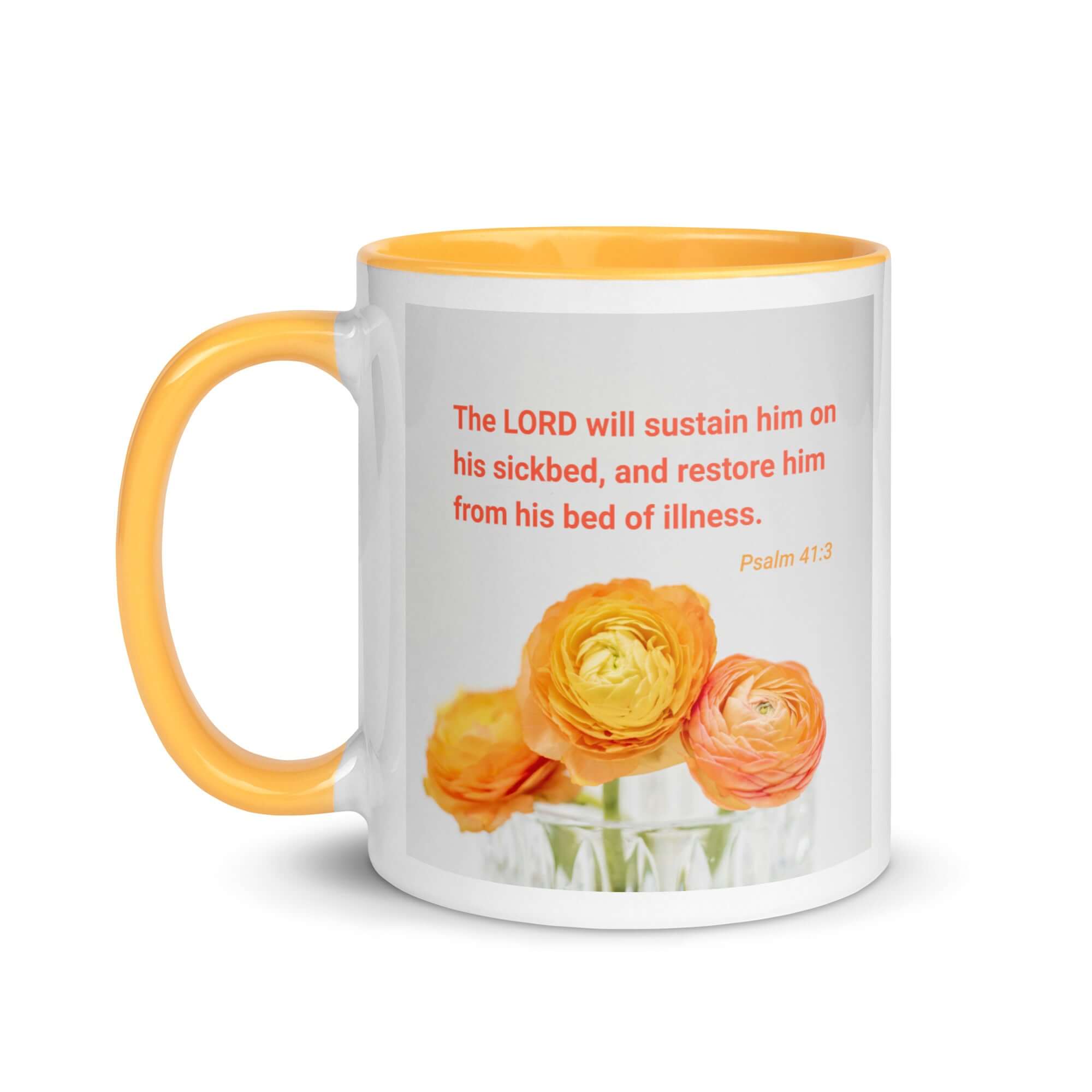 Psalm 41:3 Bible Verse, LORD will sustain White Ceramic Mug with Color Inside