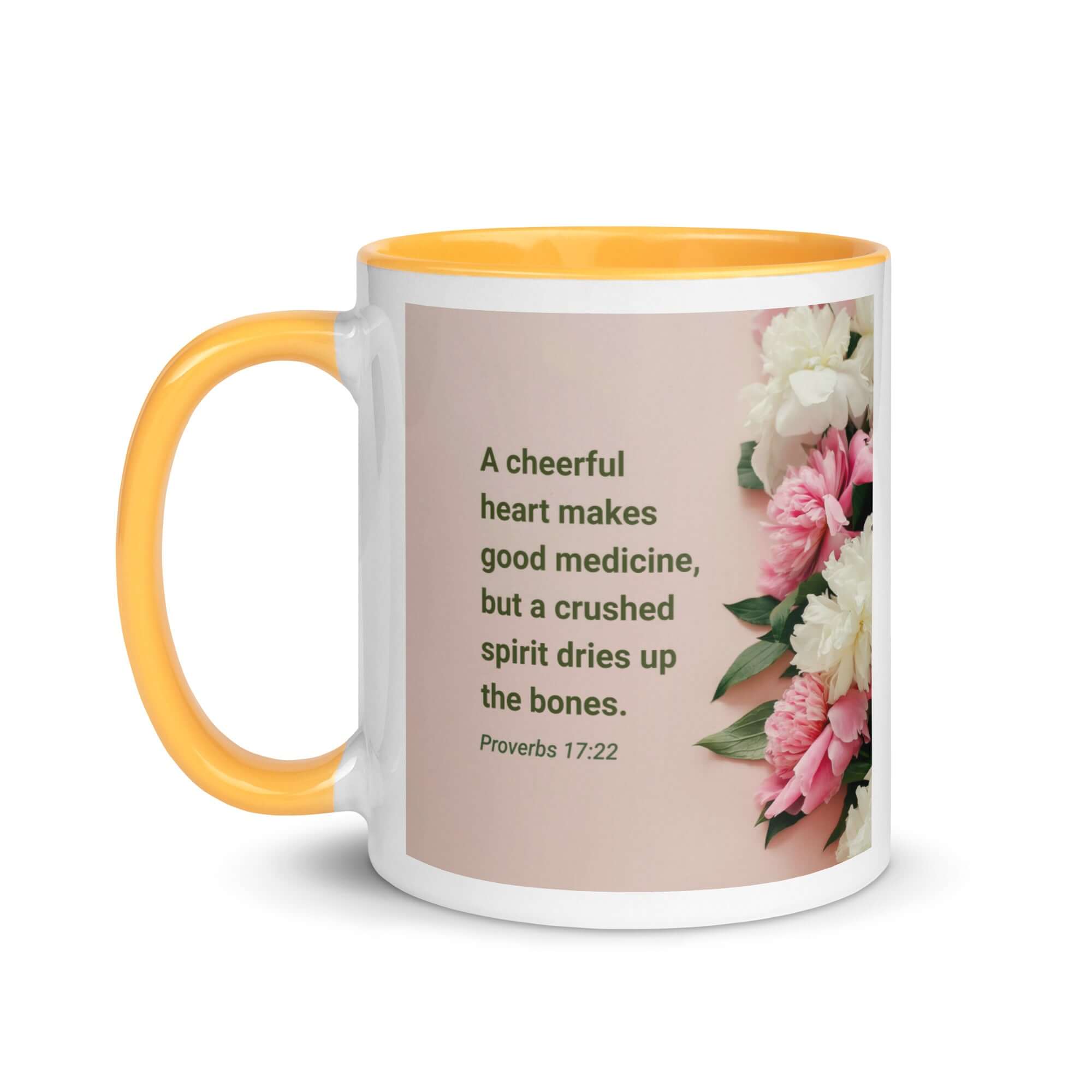 Proverbs 17:22 Bible Verse, good medicine White Ceramic Mug with Color Inside
