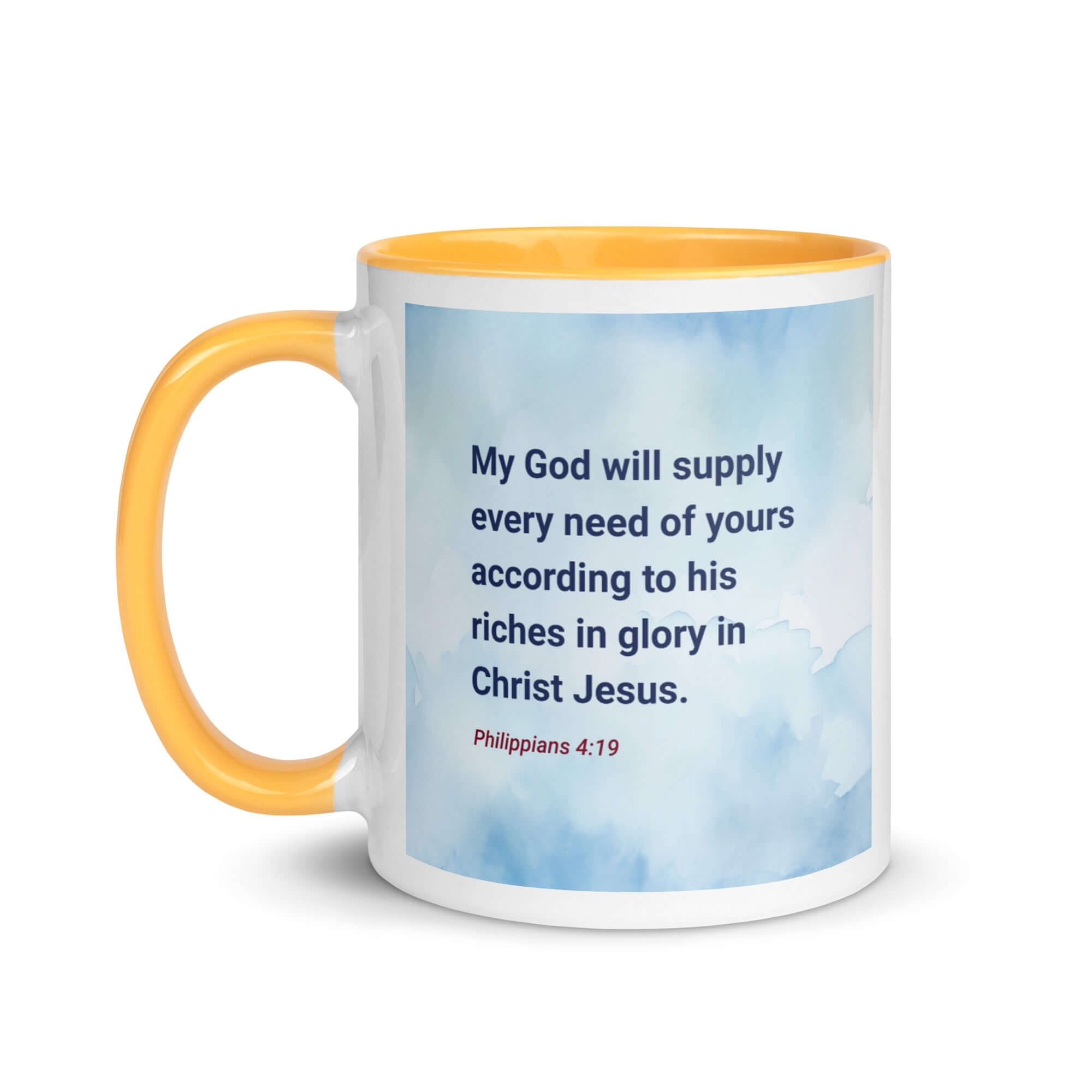 Philippians 4:19 Bible Verse, God will supply White Ceramic Mug with Color Inside