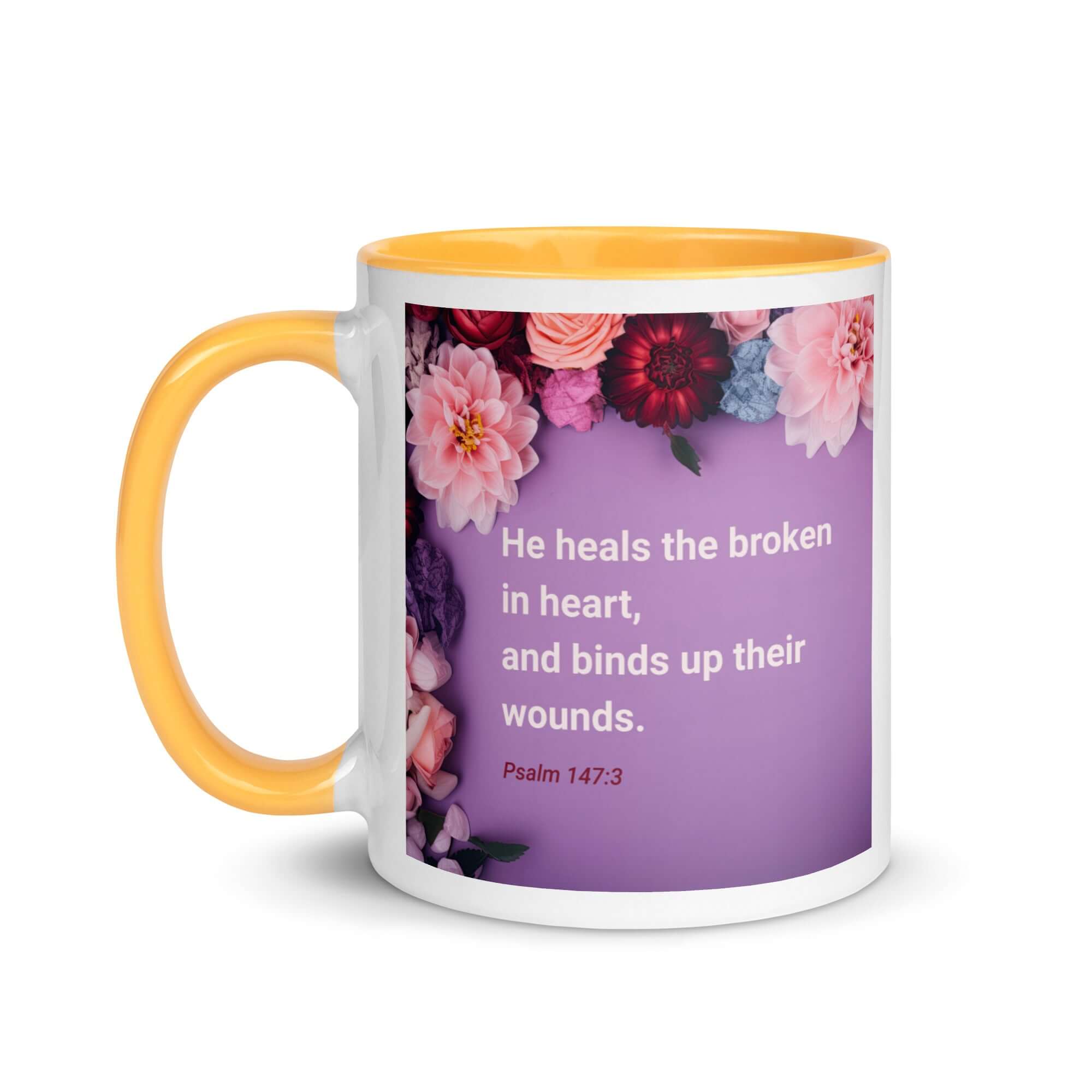 Psalm 147:3 Bible Verse, He heals the broken White Ceramic Mug with Color Inside