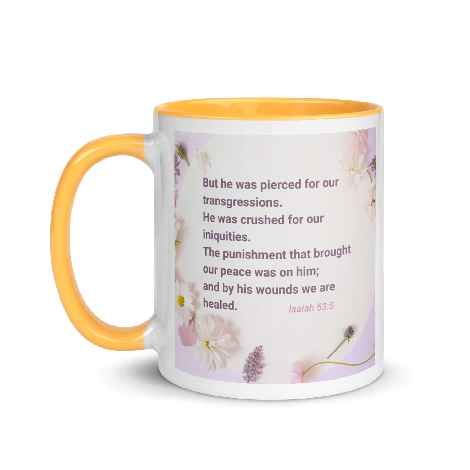 Isaiah 53:5 Bible Verse, by his wounds White Ceramic Mug with Color Inside
