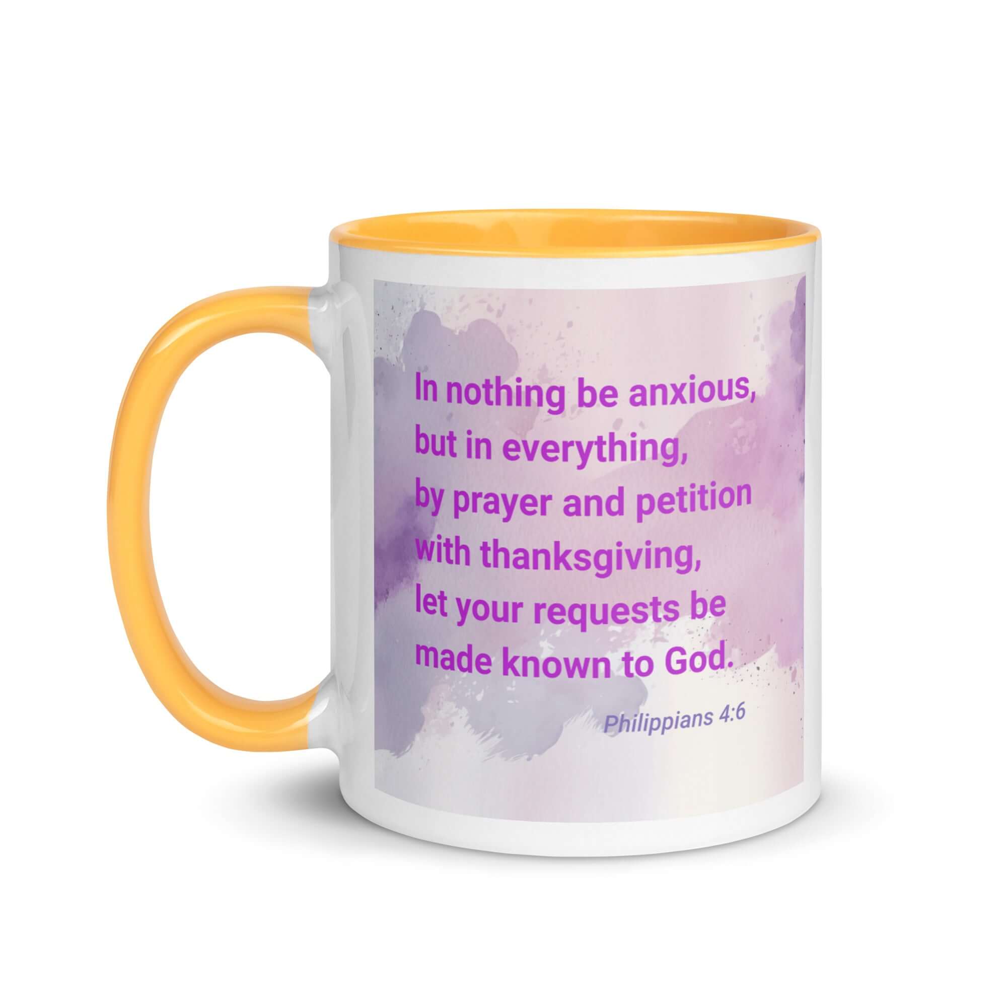 Philippians 4:6 Bible Verse, Prayer and Petition White Ceramic Mug with Color Inside