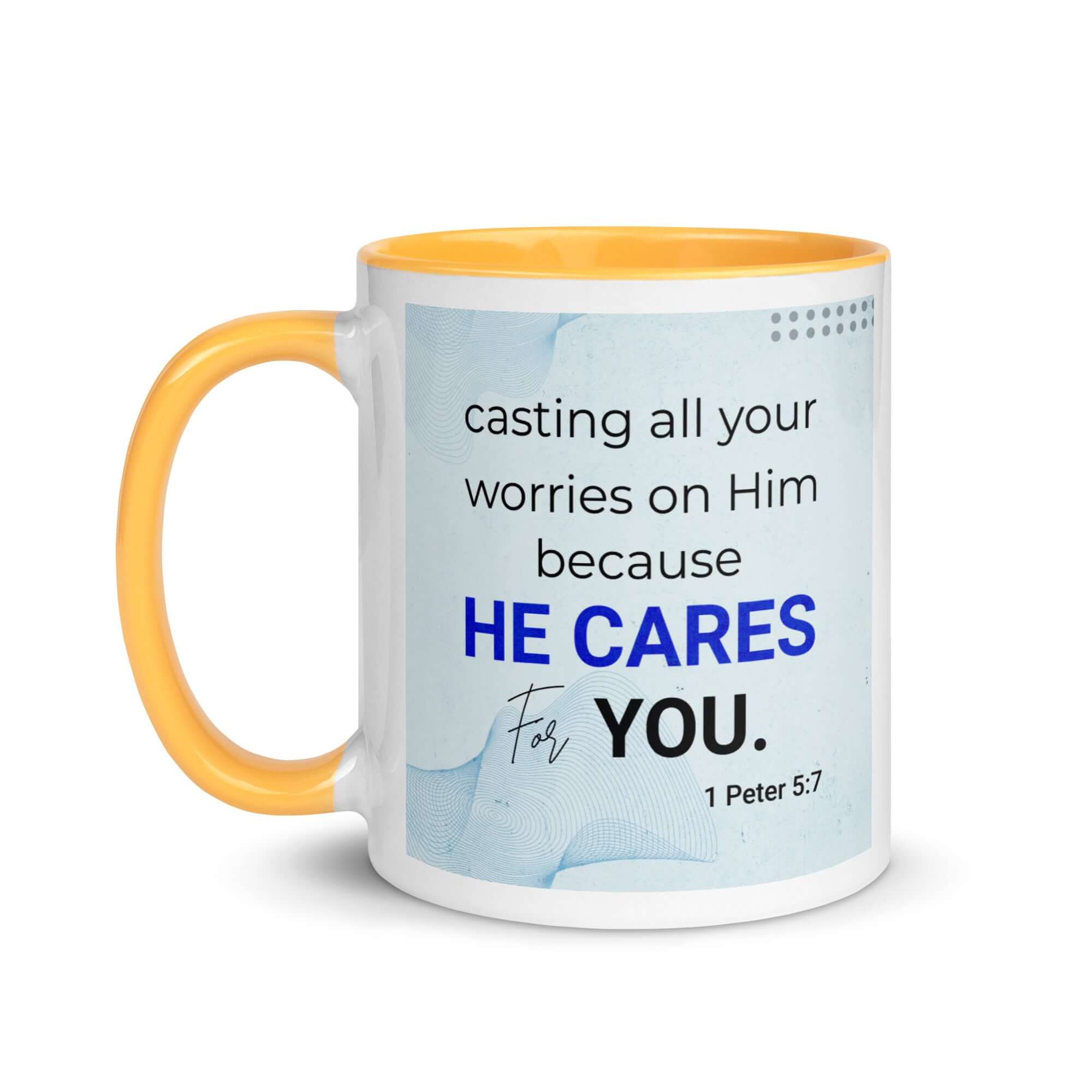 1 Peter 5:7 Bible Verse, casting all your worries on Him White Ceramic Mug with Color Inside