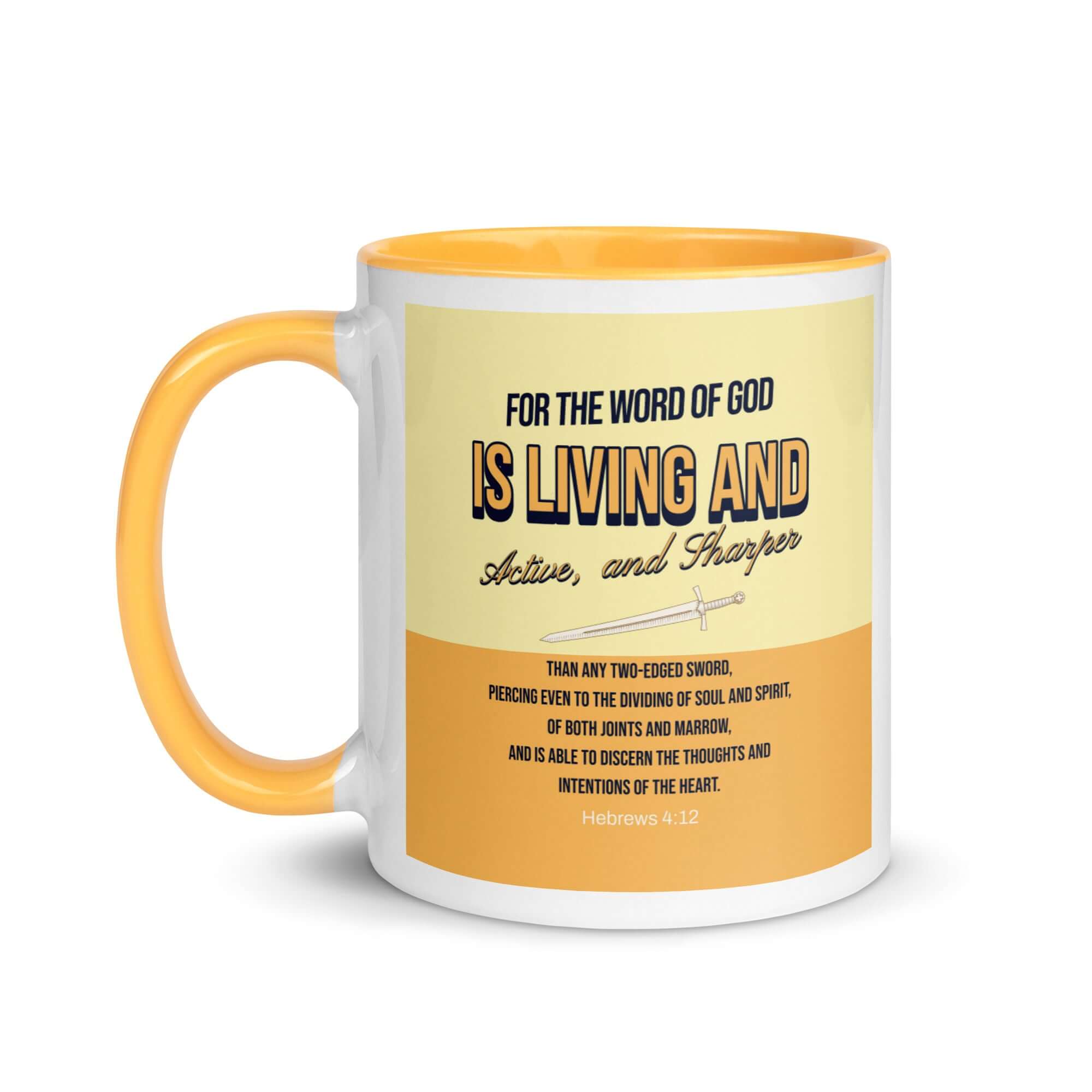 Hebrews 4:12 Bible Verse, living and active White Ceramic Mug with Color Inside